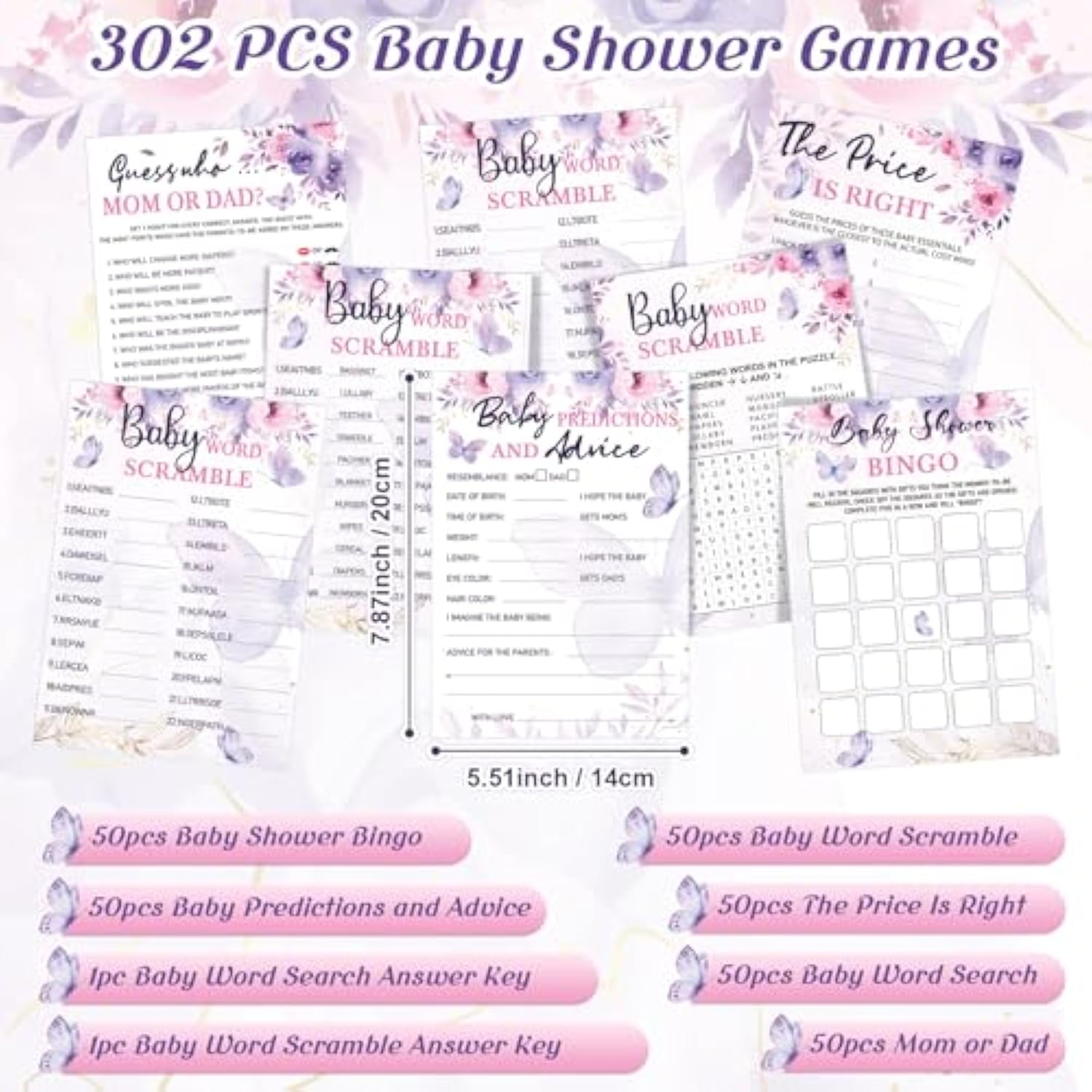 302 Pcs Butterfly Theme Baby Shower Games - 6 Games, 50 Sheets Each - Shower Party Bingo, Word Scramble, Word Search, Predictions And Advice, The Price Is Right, Guess Who