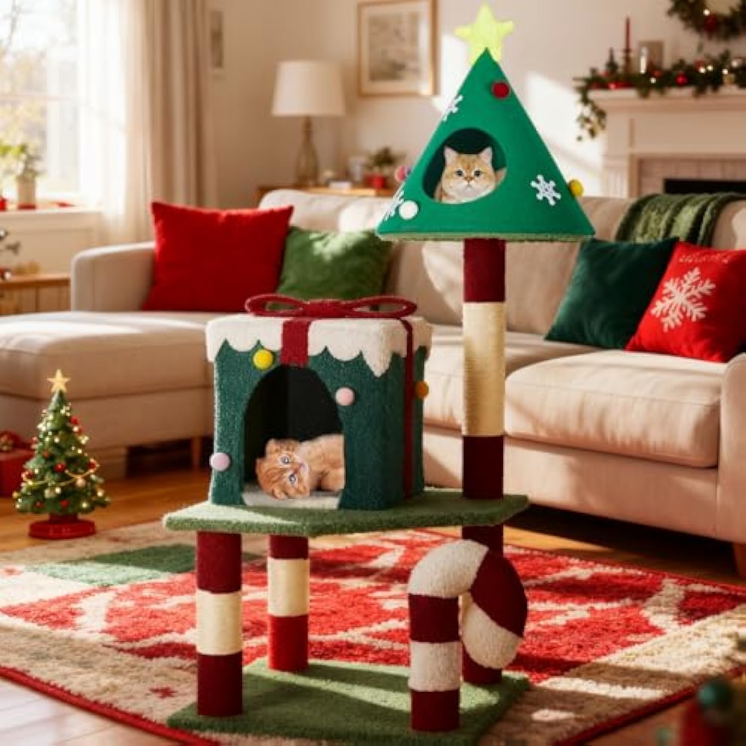 Christmas Cat Tree Tower For Indoor Cats - 45In Multi-Level Cat Climbing Tower With Cat Condos, Xmas Tree Gift Box Shaped Condo Candy Cane Design Cute Cat Tree Tower Holiday Decoration