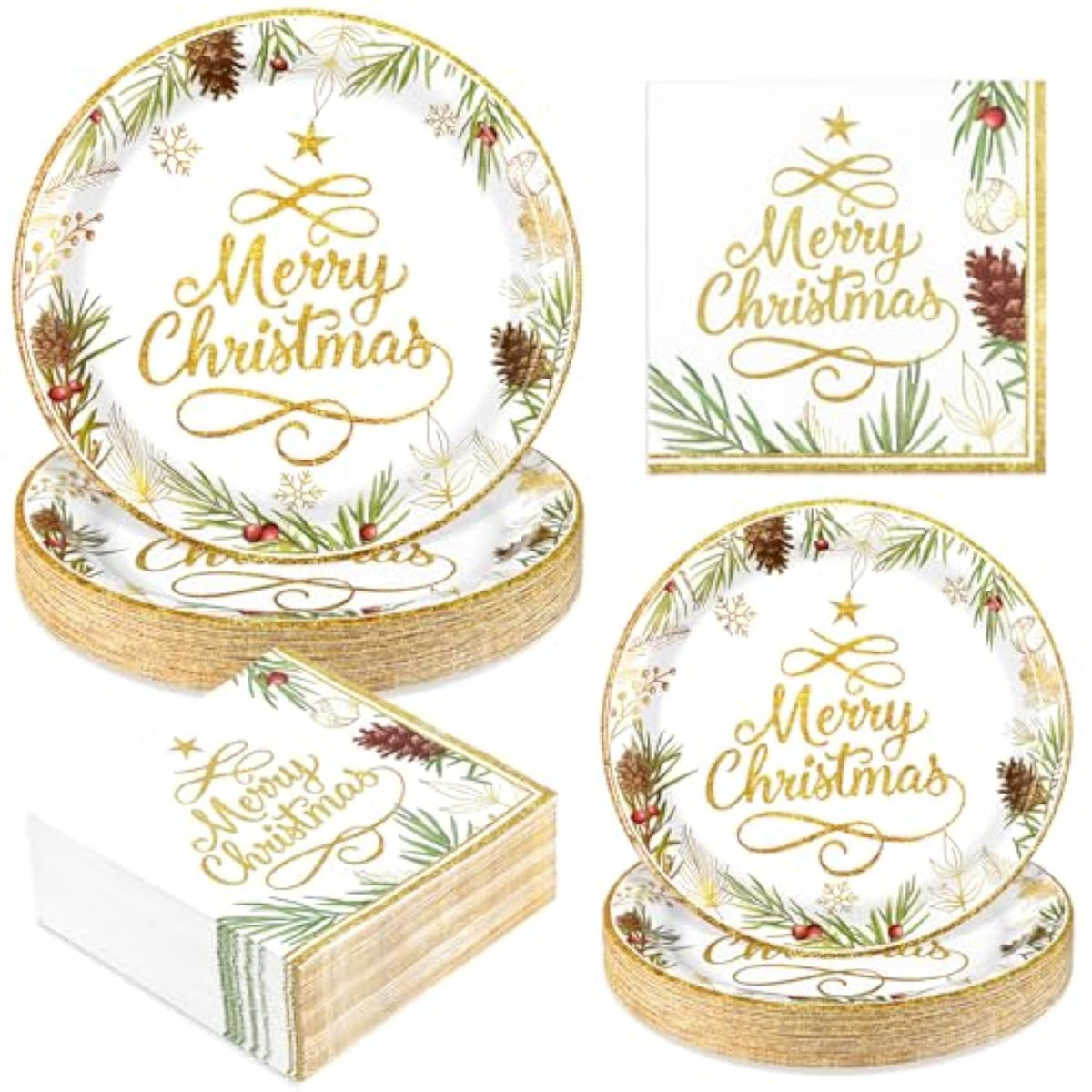Christmas Paper Plates And Napkins, Christmas Tree Gold Plate And Napkin Disposable, Holiday Paper Plates And Napkins Sets For Xmas Holiday Winter Dinner, Merry Xmas Plate For Party Supplies