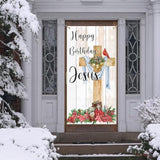Religious Jesus Christmas Door Banner, Happy Birthday Jesus Welcome Door Cover, Christian Jesus Nativity Cross Winter Holiday Porch Sign Door Decor Backdrop Banner 70.9 X 35.4 Inches