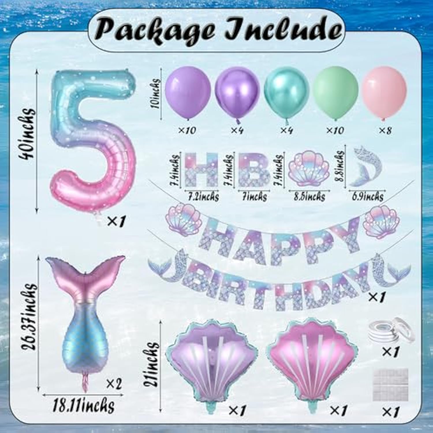 Mermaid 5Th Birthday Party Decorations Includes Happy Birthday Party Banner, Purple Pink Green Mermaid Tail Balloons Kit For Girls Women Baby Shower Supplies