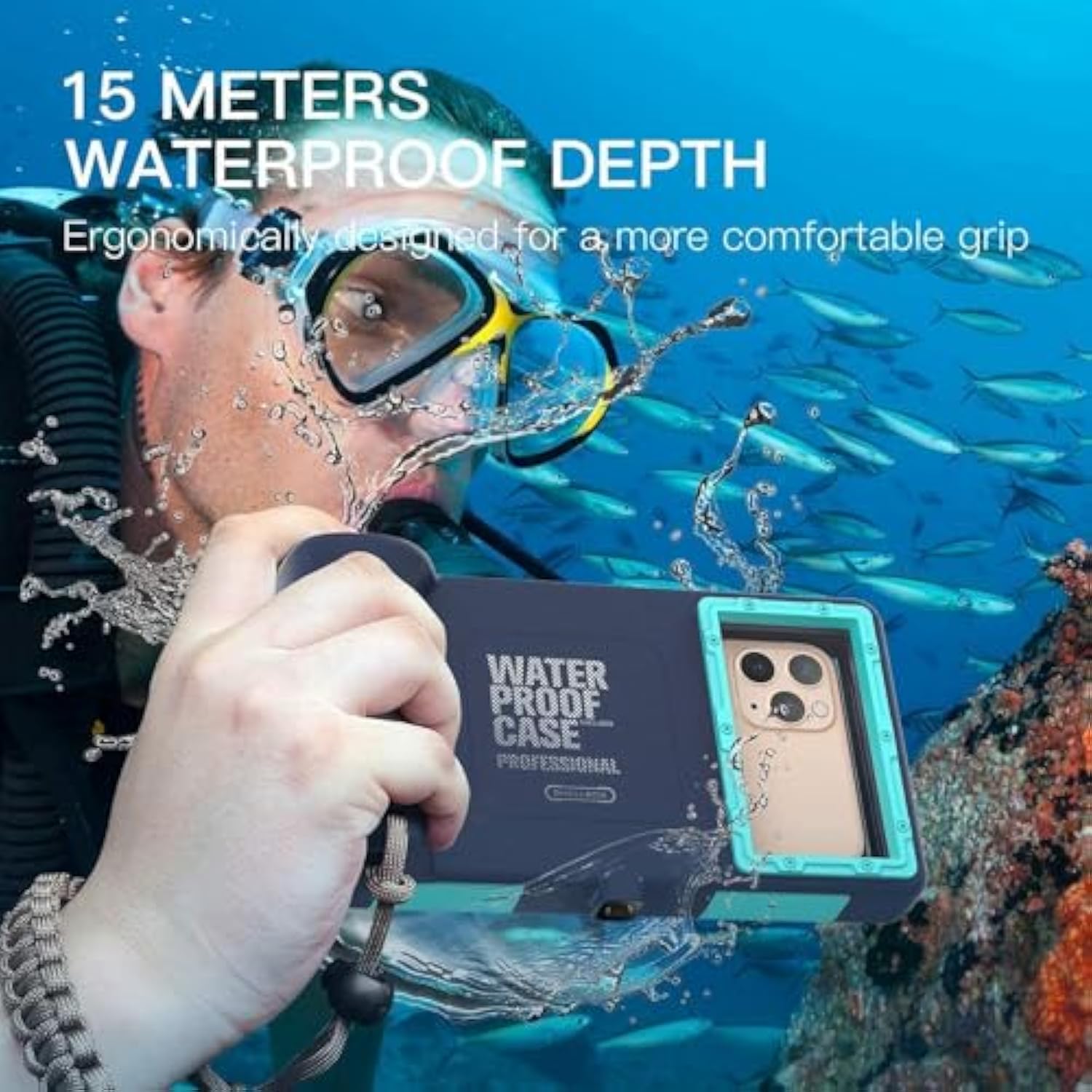Waterproof Diving Phone Case, Universal Fit With Iphone 16/15/14/13 Pro Max Plus(Phone Volume Key On The Left), Professional Scuba Underwater Housing[15M/50Ft] For Snorkeling Filming, Teal
