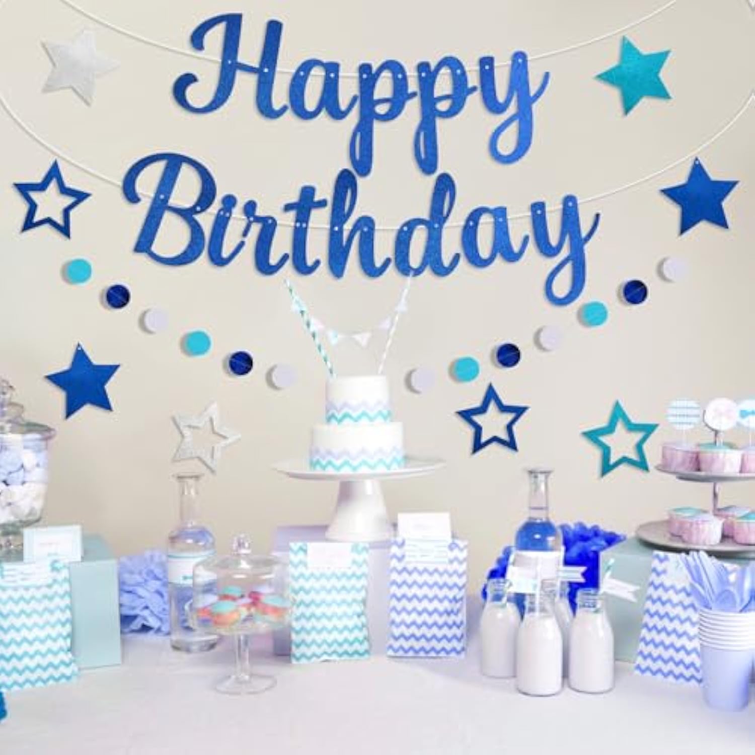 Pre-Strung Happy Birthday Banner, No Diy Birthday Decorations With Circle Dot Garland And Stars, Happy Birthday Party Decorations For Boys Men Girls Women (Blue)