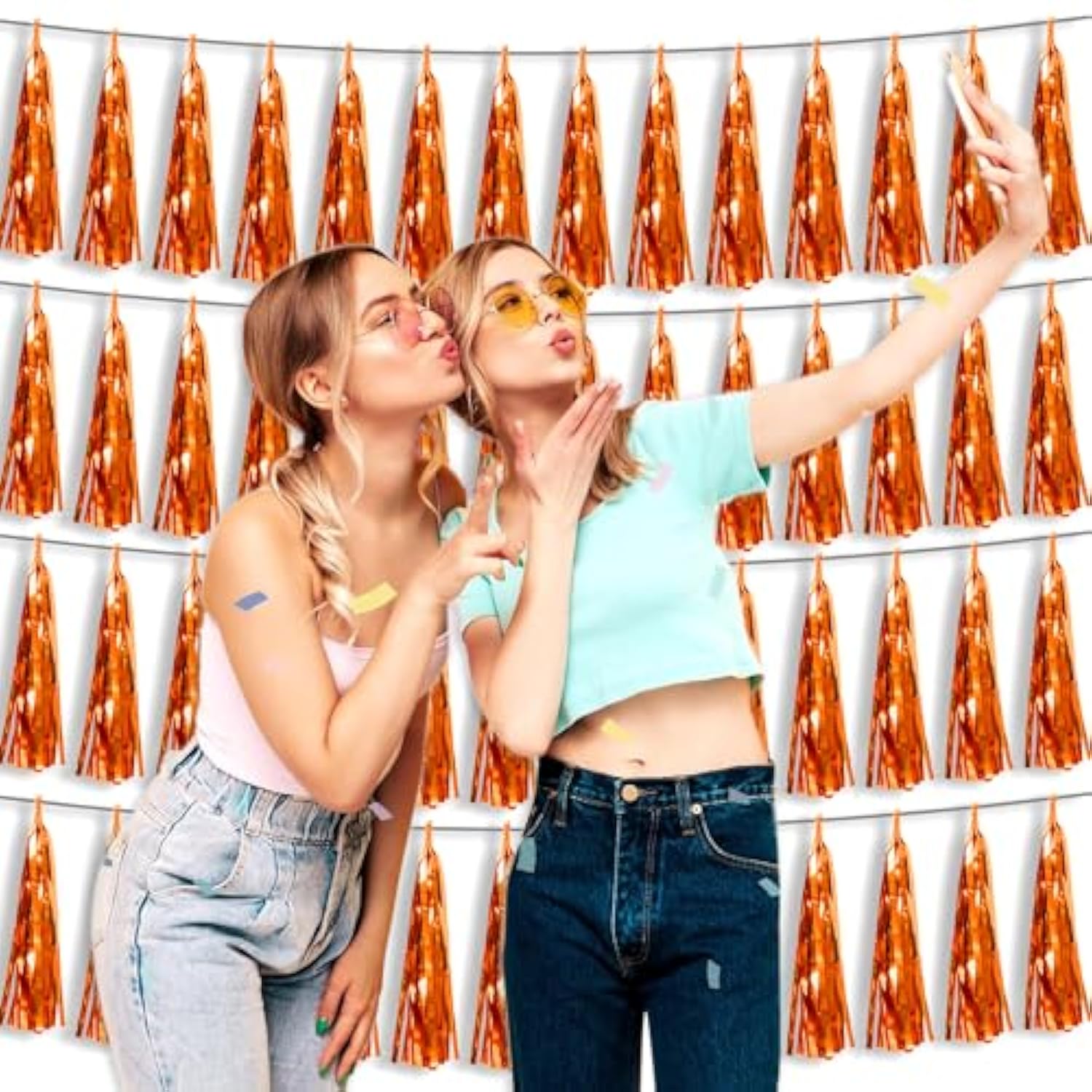 4P Metallic Fringe Tassel Banner Garland Foil Tinsel Streamer Wall Hanging Curtain Backdrop Banner For Parade Floats, Halloween Decorations, Christmas Day, Fall, Thanksgiving Party Decoration(Orange)