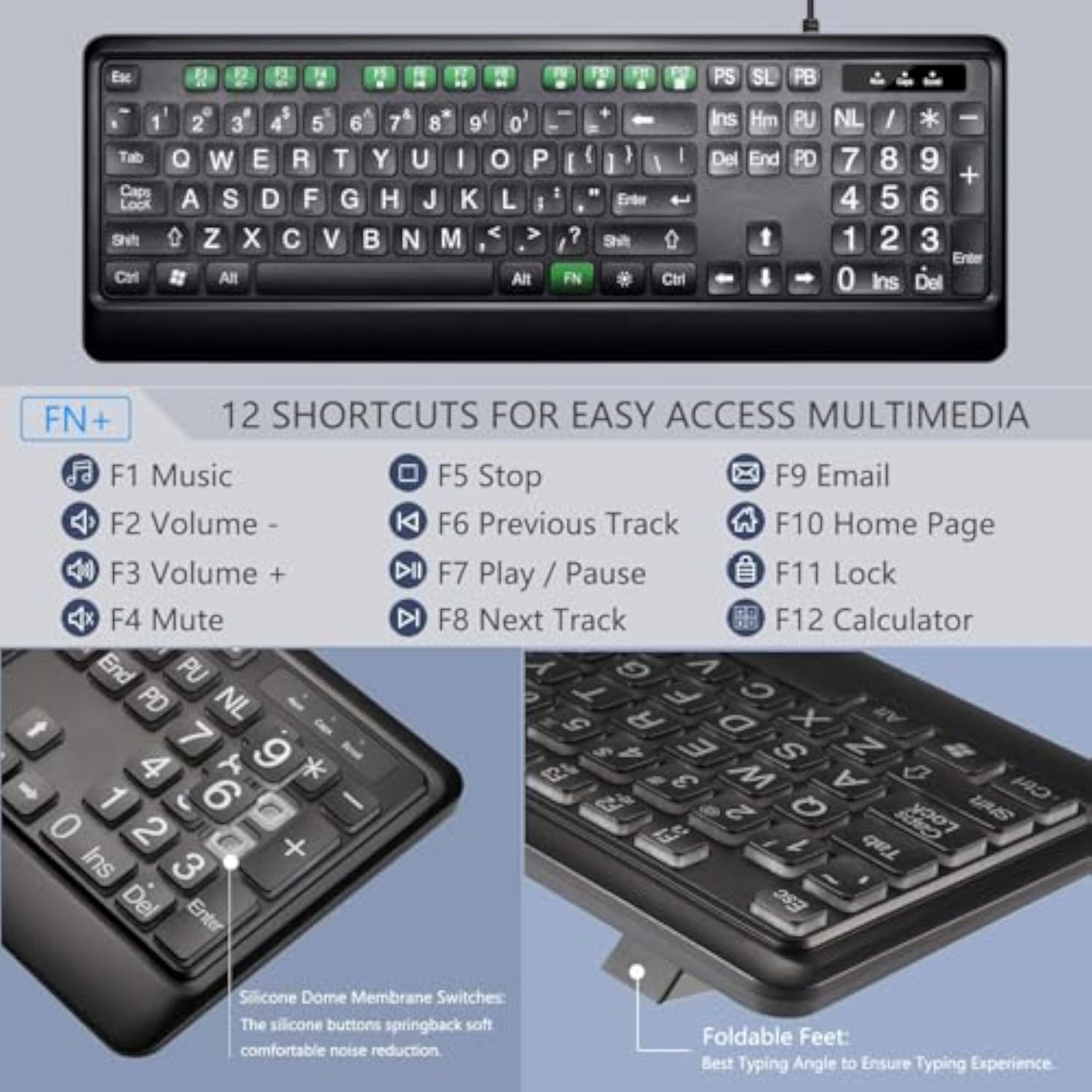 Large Print Backlit Keyboard, Usb Wired Computer Keyboard, Full Size Keyboard With White Illuminated Led Compatible For Windows Desktop, Laptop, Pc, Gaming, Black