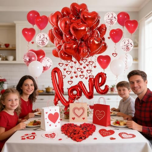 Valentines Day Decorations with Red Heart Balloons and Love Balloon, Fake Rose Petals with Red Balloons and Heart Hanging Decor for Valentines Day Party Wedding Anniversary Engagement Decor