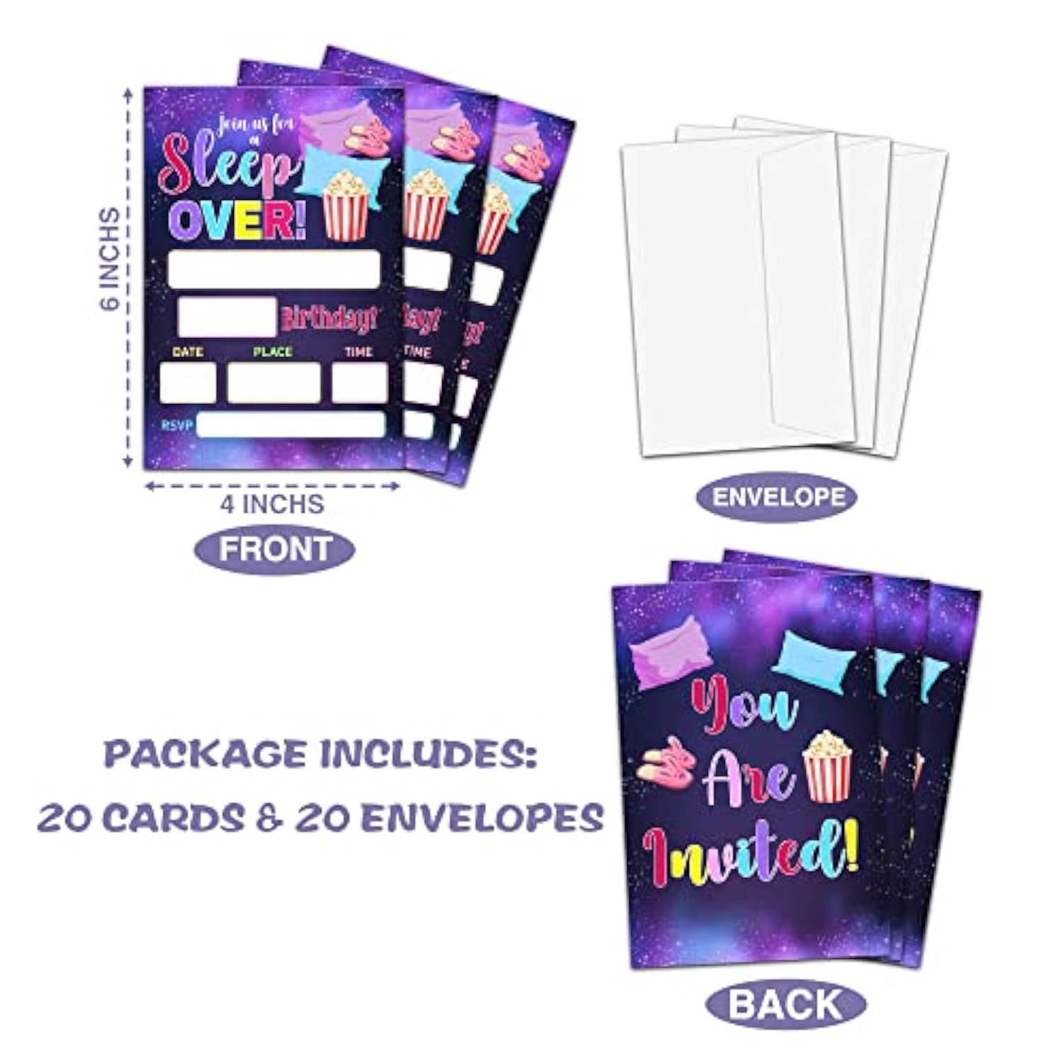 Sleepover Birthday Party Invitation, Galaxy Slumber Fill-In Invites For Friends, 20 Invitations With Envelopes(4" X 6")?Party Favors Decorations And Supplies-21