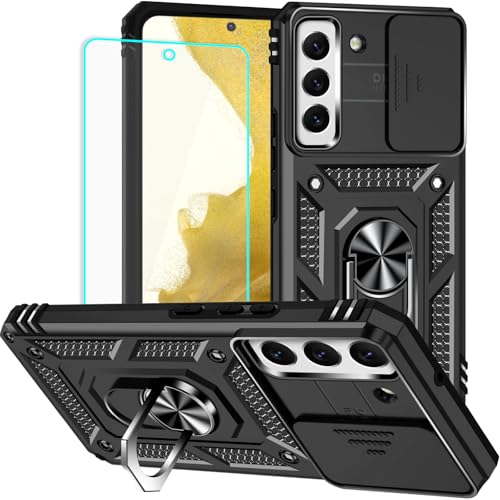 For Galaxy S22 Case With Screen Protector: [Military Grade 20Ft. Drop Tested] Slide Camera Cover Ring Shockproof Protective Phone Case For - Samsung Galaxy S22 (Black)