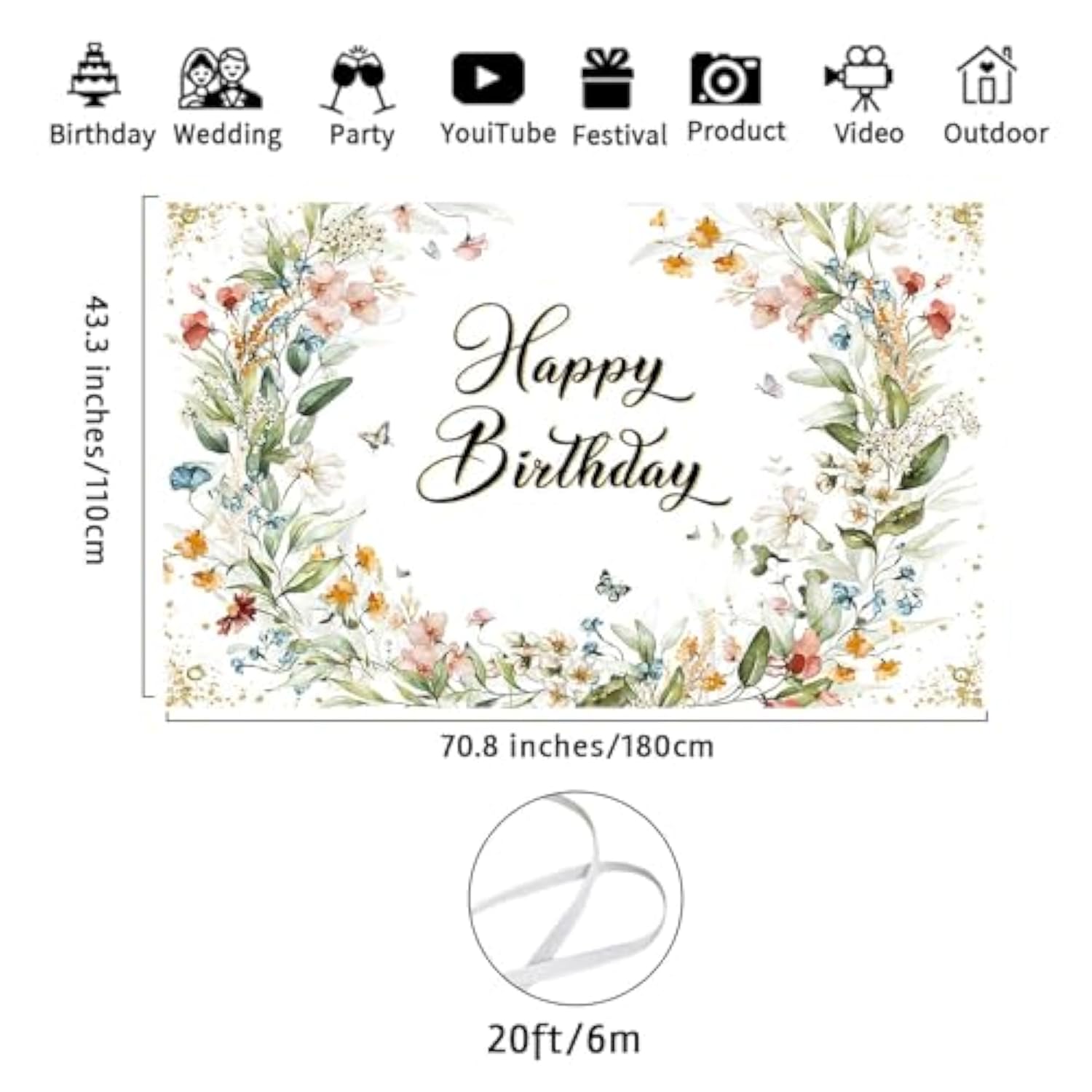 Floral Butterfly Birthday Backdrop – 70.8" x 43.3" Wildflower Banner for Girls' Party Decor