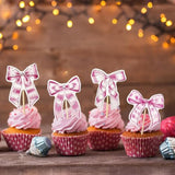 32Pcs Pink Bow Cupcake Toppers Girls Pink Bow Cupcake Picks Cake Decorations For Baby Shower Wedding Birthday Party Supplies