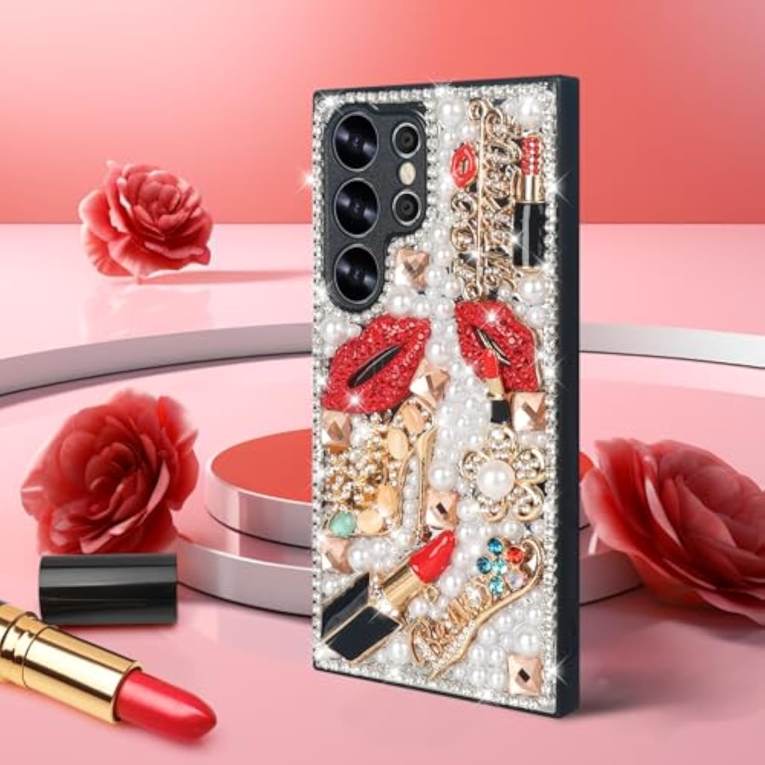 Compatible With Galaxy S25 Ultra Bling Case For Women Girls Luxury Sparkle Glitter 3D Handmade Diamond Crystal Rhinestone Lips Lipstick Pearl Flowers High Heels Soft Protective Case Clear