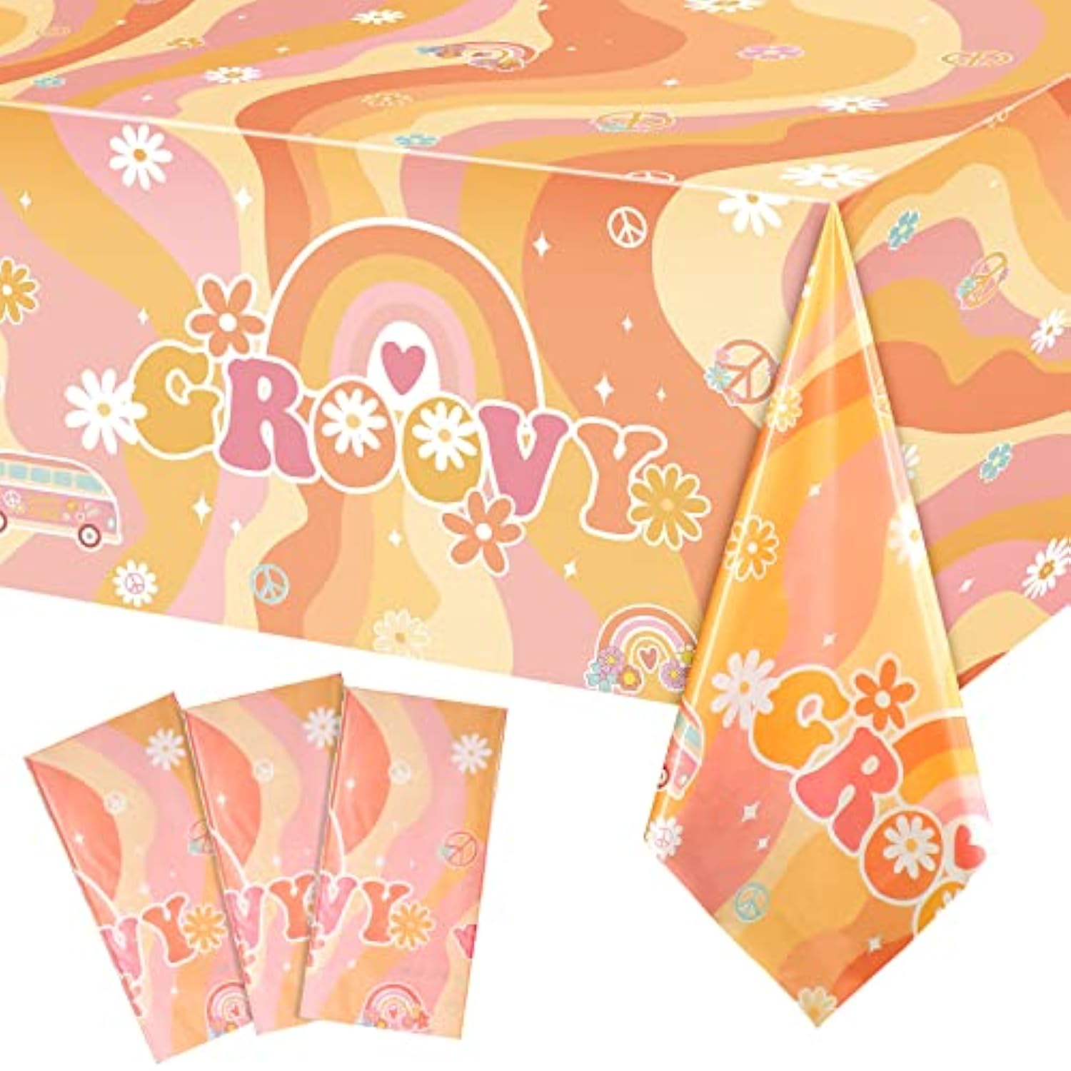 3 Pieces Rainbow Plastic Groovy Tablecloths Retro Hippie Table Covers For Rectangle Table, Disposable Daisy Flower Rainbow Party Decorations For 60S 70S Boho Themed Birthday Carnival Party