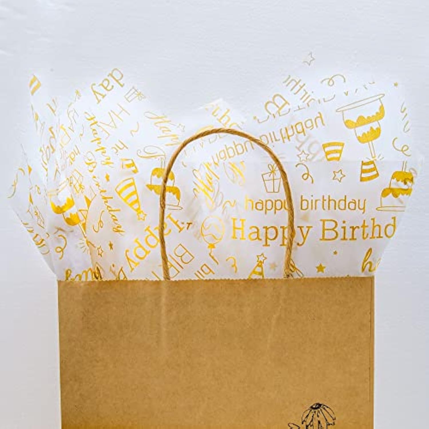 Large Gold Birthday Tissue Paper, 20" X 28", White With Happy Birthday Design For Gift Bags And Party, 30 Sheets