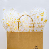 Large Gold Birthday Tissue Paper, 20" X 28", White With Happy Birthday Design For Gift Bags And Party, 30 Sheets