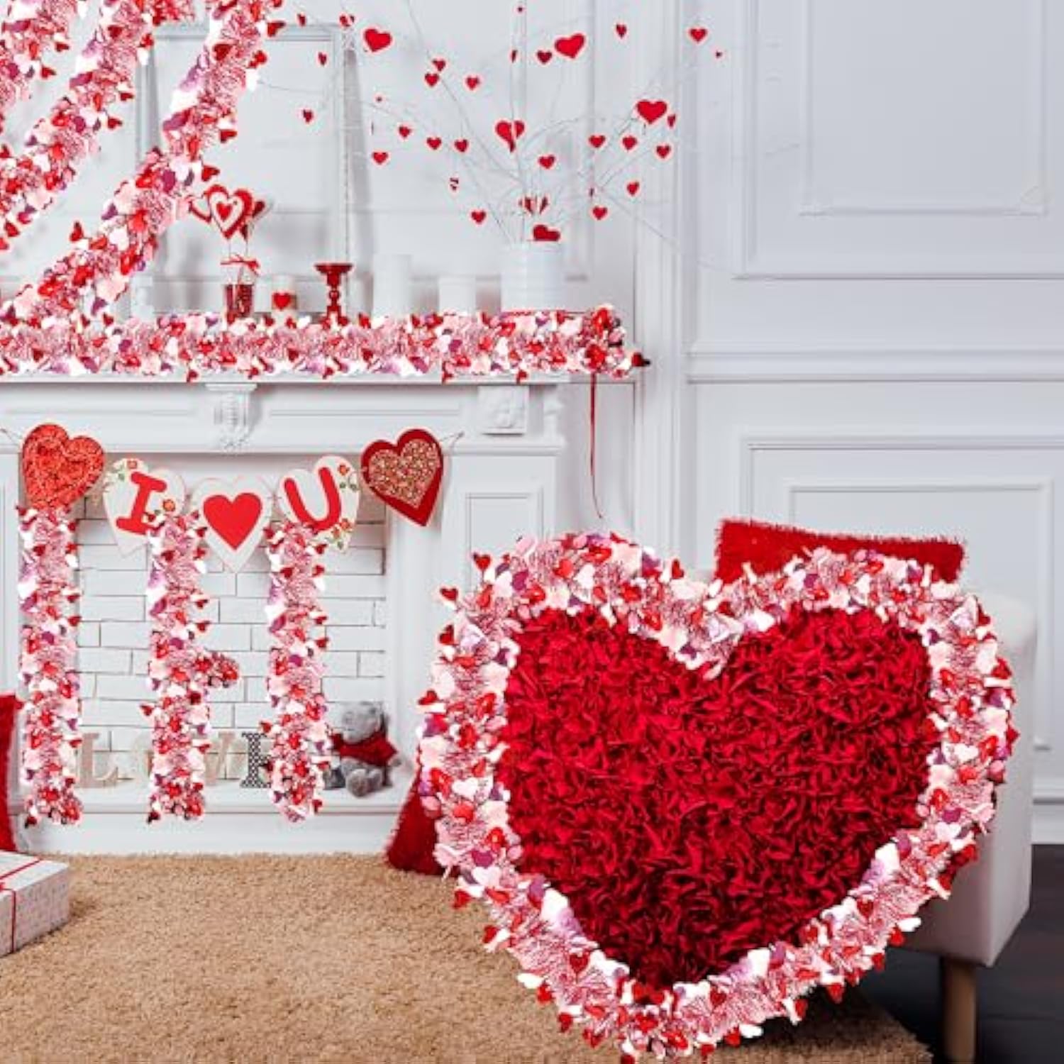 49.2Ft Valentine’S Day Heart Tinsel Garland Pink Red White Metallic Twist Garland Shining Ceiling Hanging Decorations For Valentine’S Day Party Anniversary Birthday Holiday Indoor Supplies