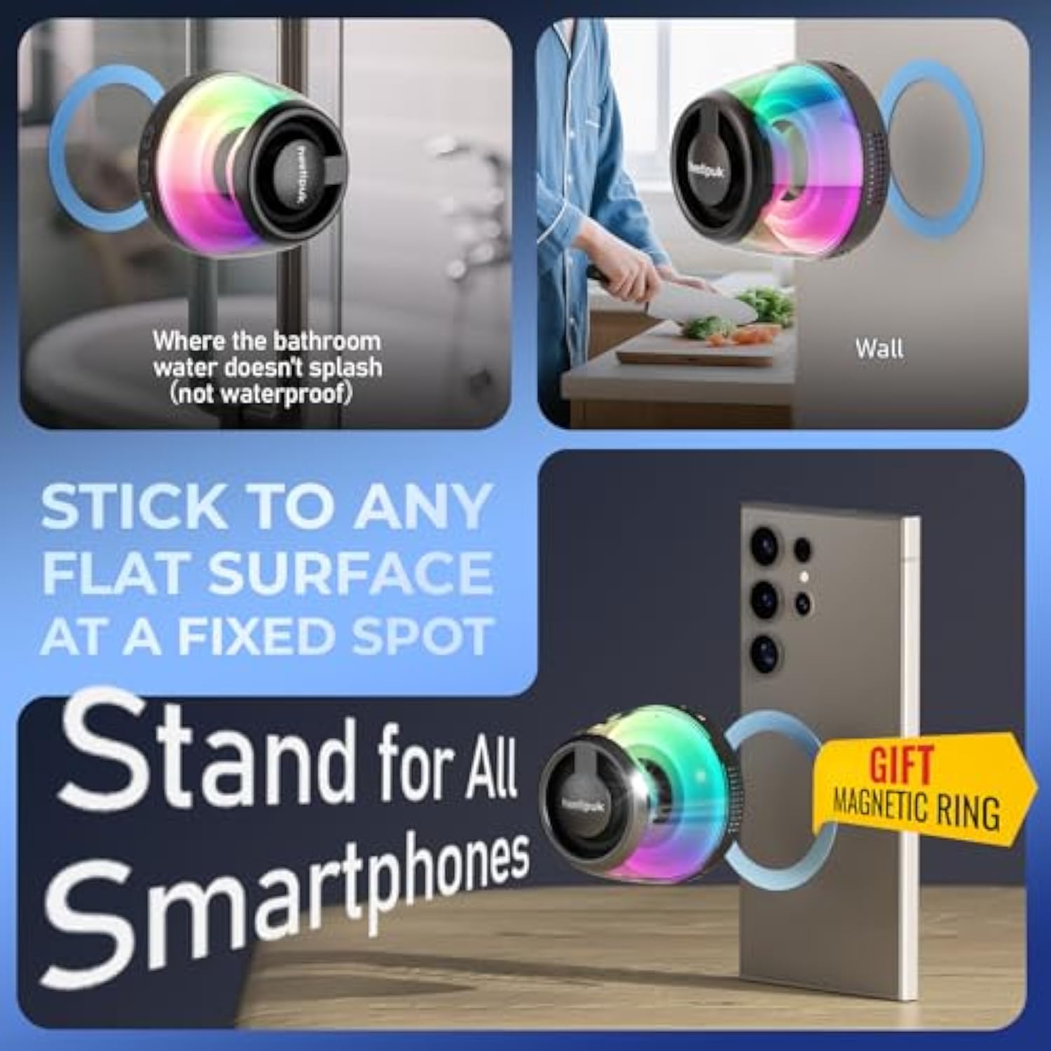 Magnetic Bluetooth Speaker, Portable Mini Bluetooth Loudspeaker With Bass Diaphragm, 5W Internal-Magnet, 7H Playtime,Tws, Rgb Light, Tf Card Slot, Including Magnetic Ring And Lanyard, As Phone Stand