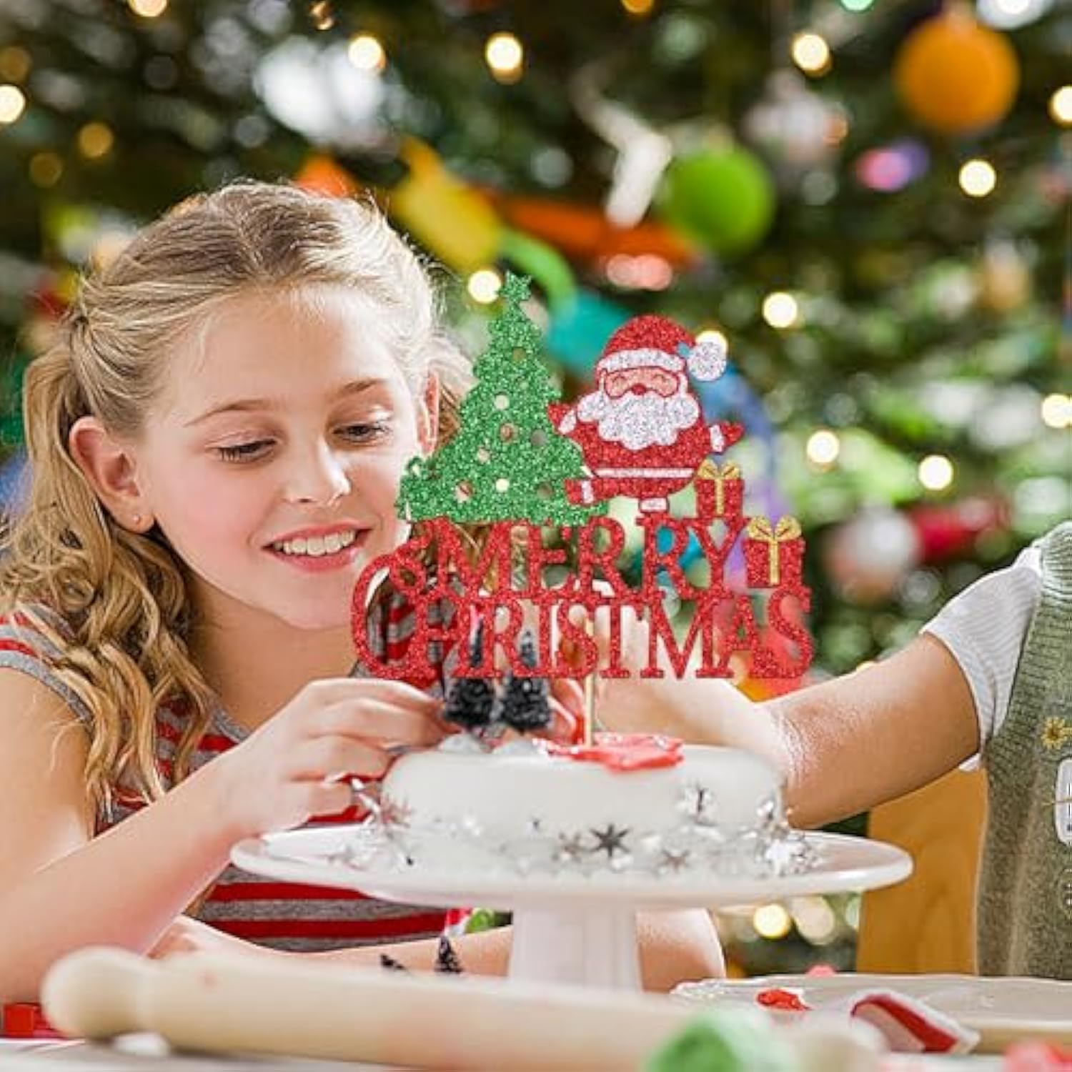 Merry Christmas Cake Topper with Santa and Tree for Holiday Party Decor