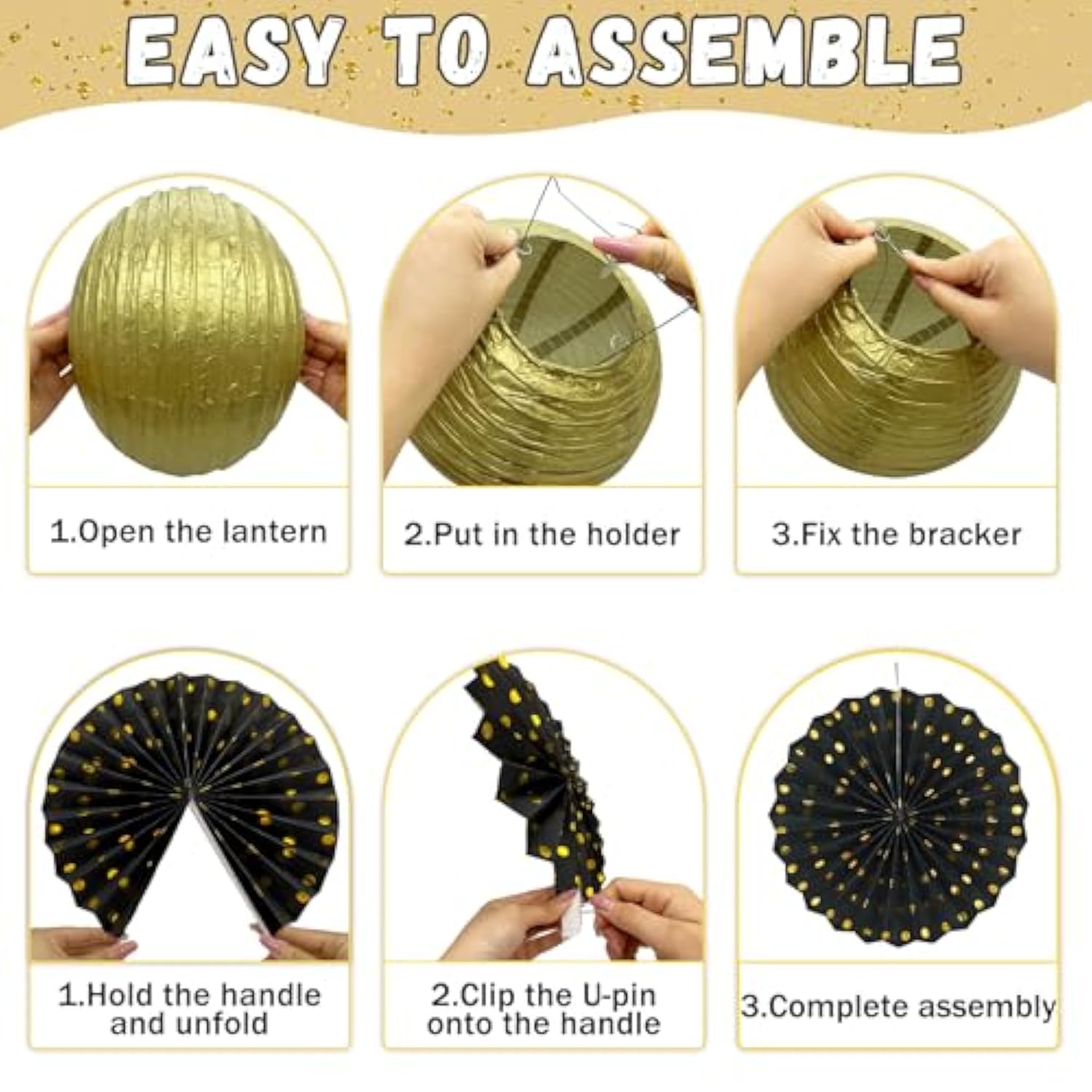 14-Pack Black Gold Party Decorations Lanterns Fans Pom Poms for Birthday Graduation