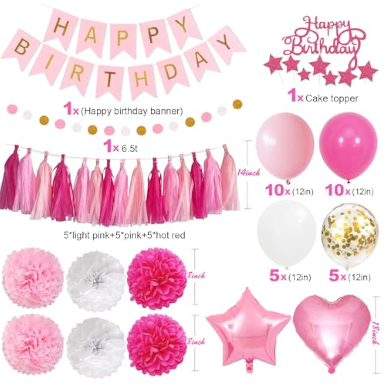 Pink & Red Happy Birthday Party Kit Banner, Fringe Curtain, Balloons & Cake Topper