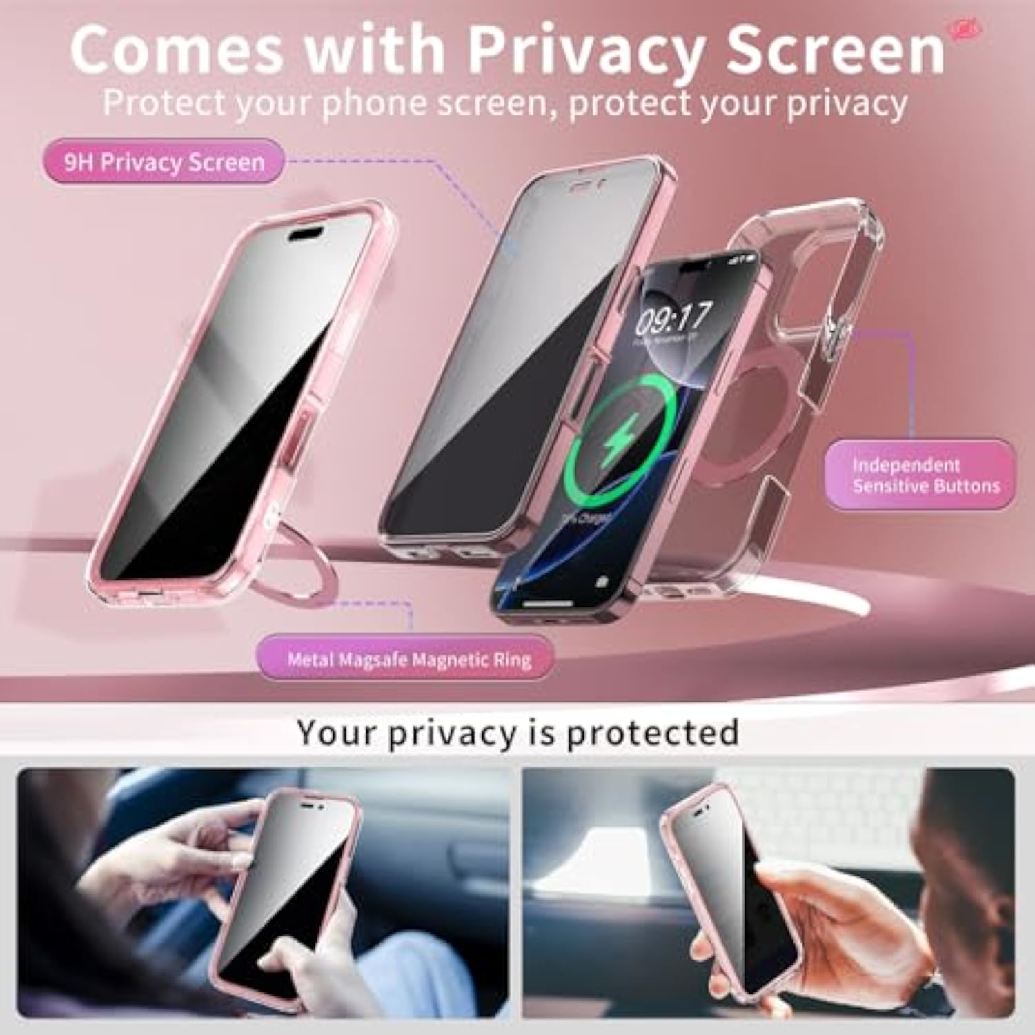 Privacy Case For Iphone 16 Pro Max With 360°Stand [Built-In Anti Peeping Screen Protector] [Compatible With Magsafe] [Magnetic Ring ] Full Body Protective Phone Cover 6.9", Pink