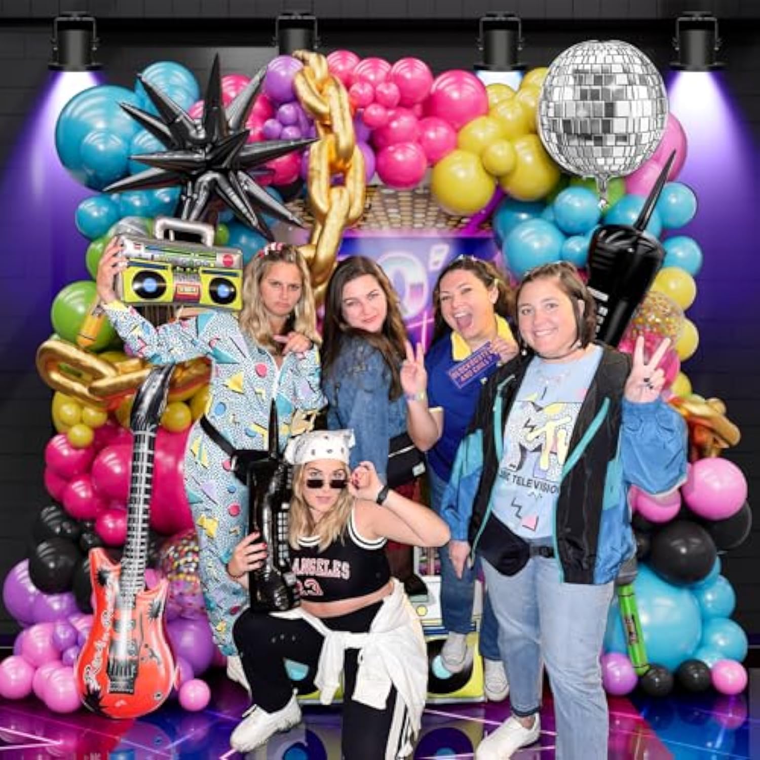 80S 90S Balloon Arch Kit – 162 Pcs Party Decorations With Star Foil Balloon, Boom Box, Disco Ball Chain, Retro Phone & More For 80S & 90S Theme Party Decorations