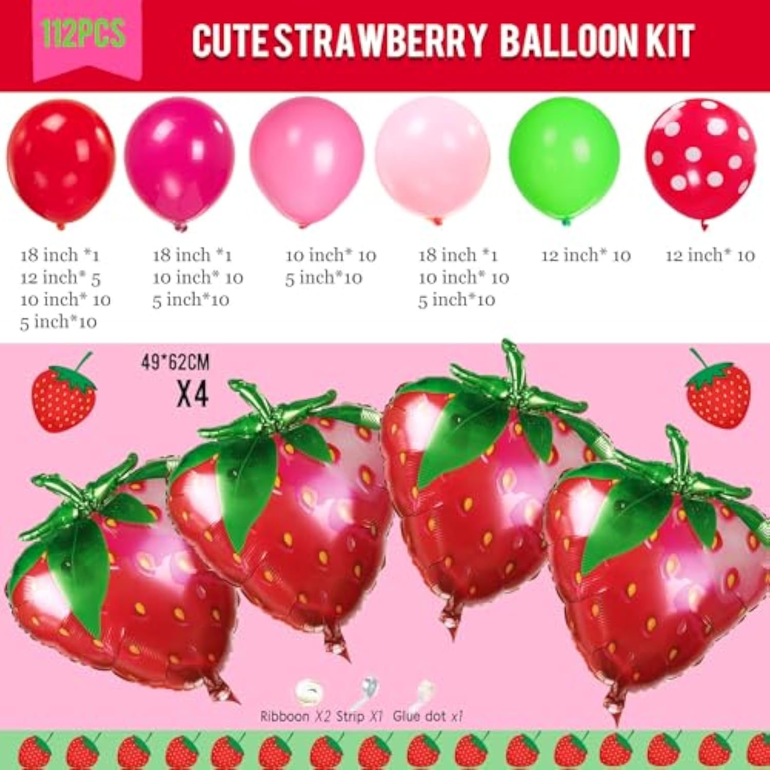 120 Pcs Strawberry Balloon Garland Kit Large Mylar Strawberry for 1st Birthday