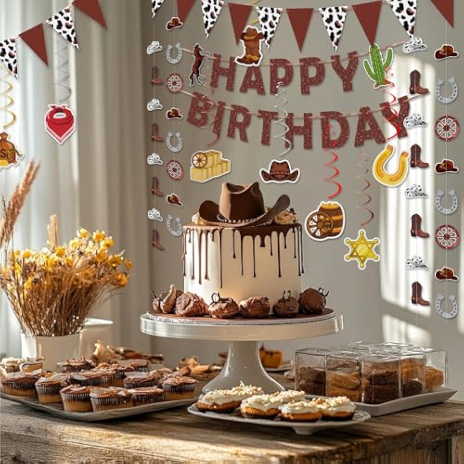 23 Pcs Western Party Decorations Set - Cowboy Birthday Banner, Hanging Swirls, Streamers For Party Supplies