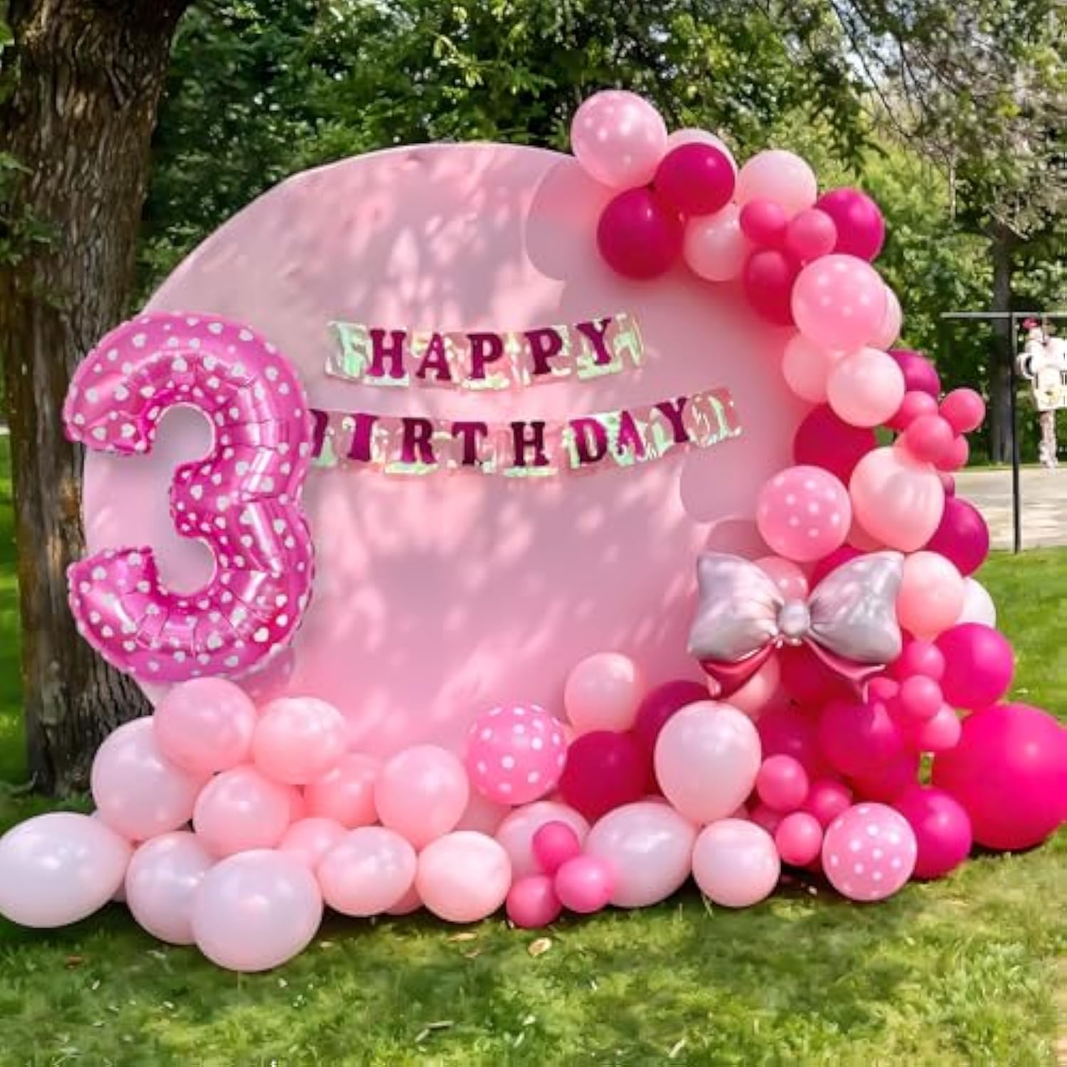 Pink 3Rd Birthday Balloons Decorations, Hot Pink Rose Polka Dots Balloon Arch Kit, Huge Bow Foil Balloons, Pink Number 3 Balloon Tower For Baby Shower Girls Princess 3Rd Theme Party