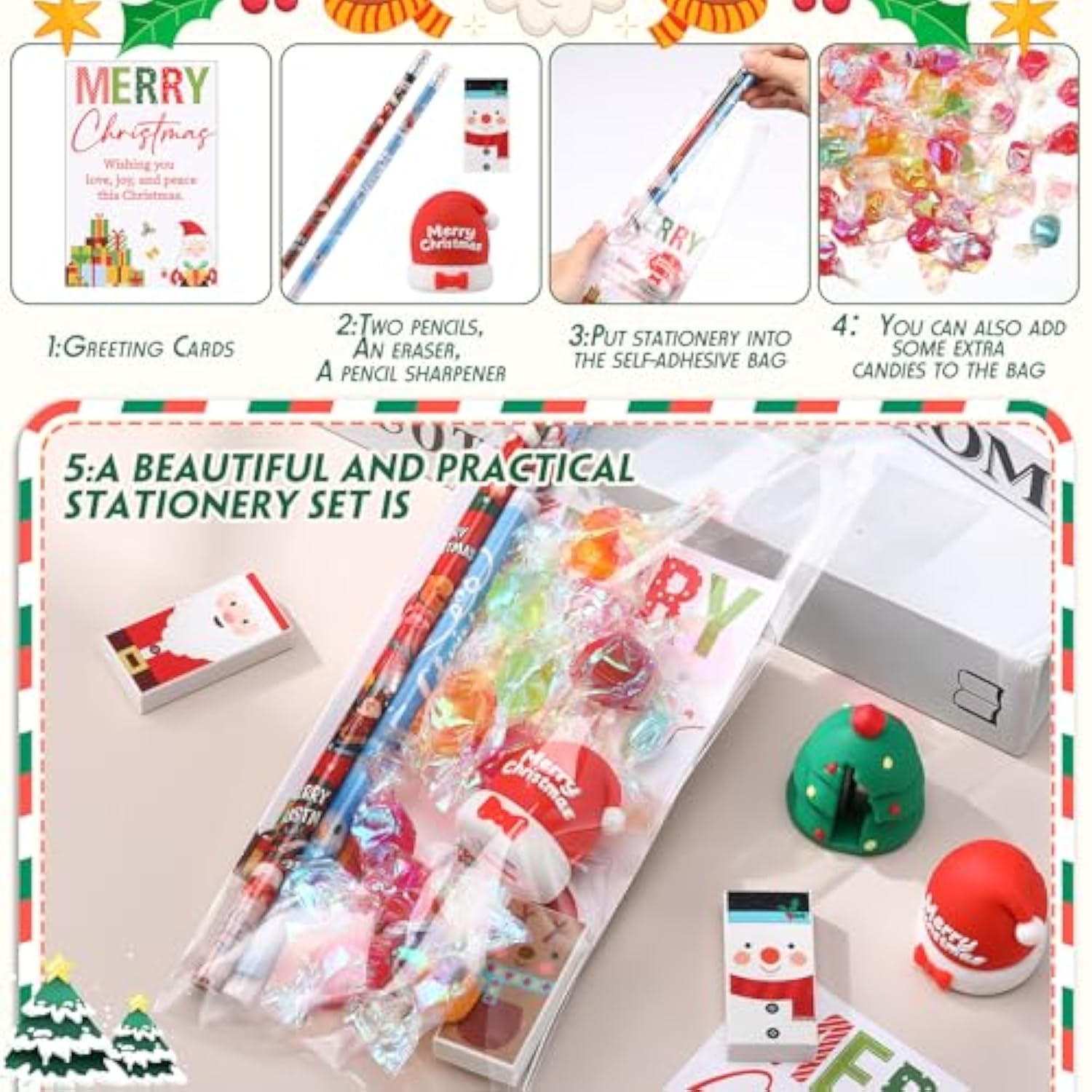 144 Pcs Christmas Stationery Party Favors Bulk For Students Xmas Gift Including Christmas Tree Santa Hat Sharpener Pencil Eraser With Card Bags For Stocking Stuffers Classroom Gift Exchange