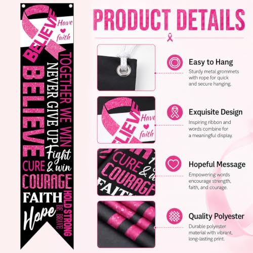 4 Pieces Breast Cancer Awareness Party Decorations Pink Ribbon Fence Banner Porch Signs Hope Strength Courage Faith Hanging Banner Supplies for Breast Cancer Awareness Event Charity Party