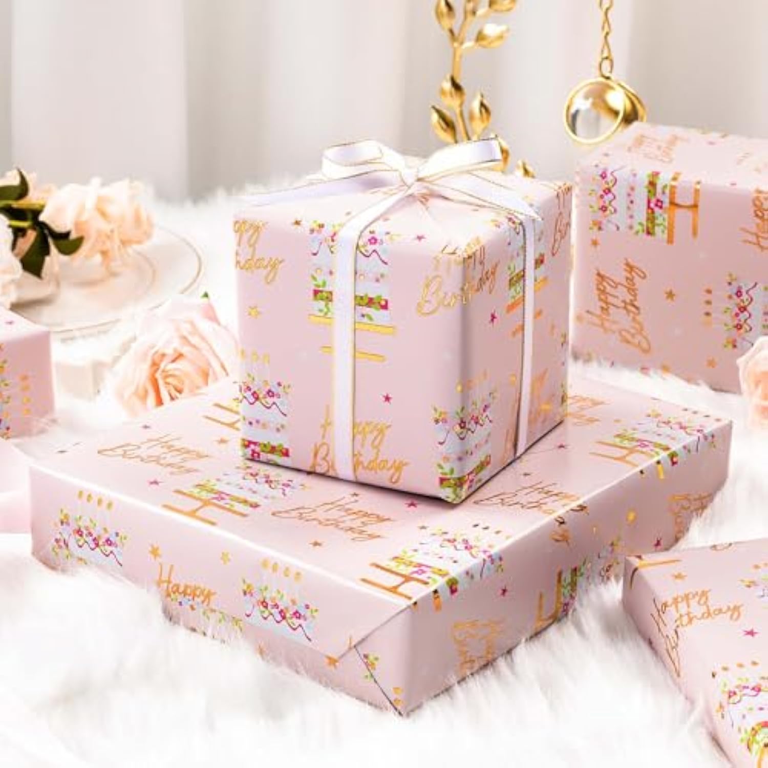 Birthday Cake Wrapping Paper Roll - 17 Inch X 33 Ft - Celebration Cake Design Paper Fun Candle Print W/Gold Shine Birthday Party Theme Gift Wrap Pastel For Wedding, Bridal Shower & Holiday