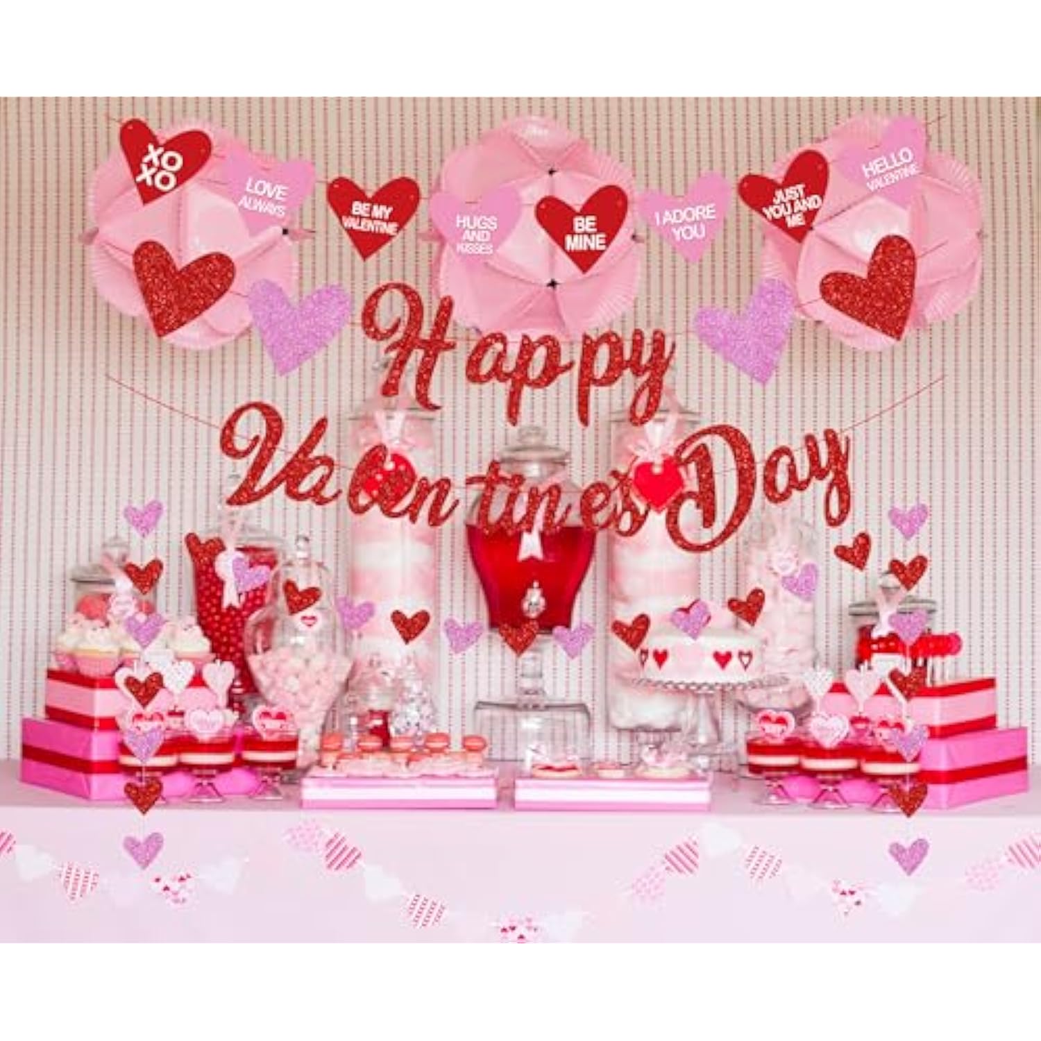 Happy Valentines Day Banner, Red Glittery Valentines Day Party Decorat
