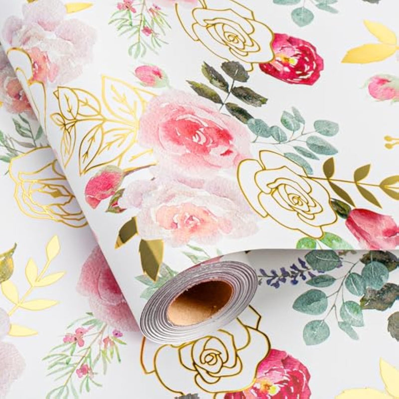 Wrapping Paper Roll With Watercolor Roses - 17 In X 32.8 Ft (46.5 Sqft) Foil Floral Gift Wrap With Matte Gold Reverse For Mother’S Day, Wedding, Birthday, Bridal Shower, Valentines Day