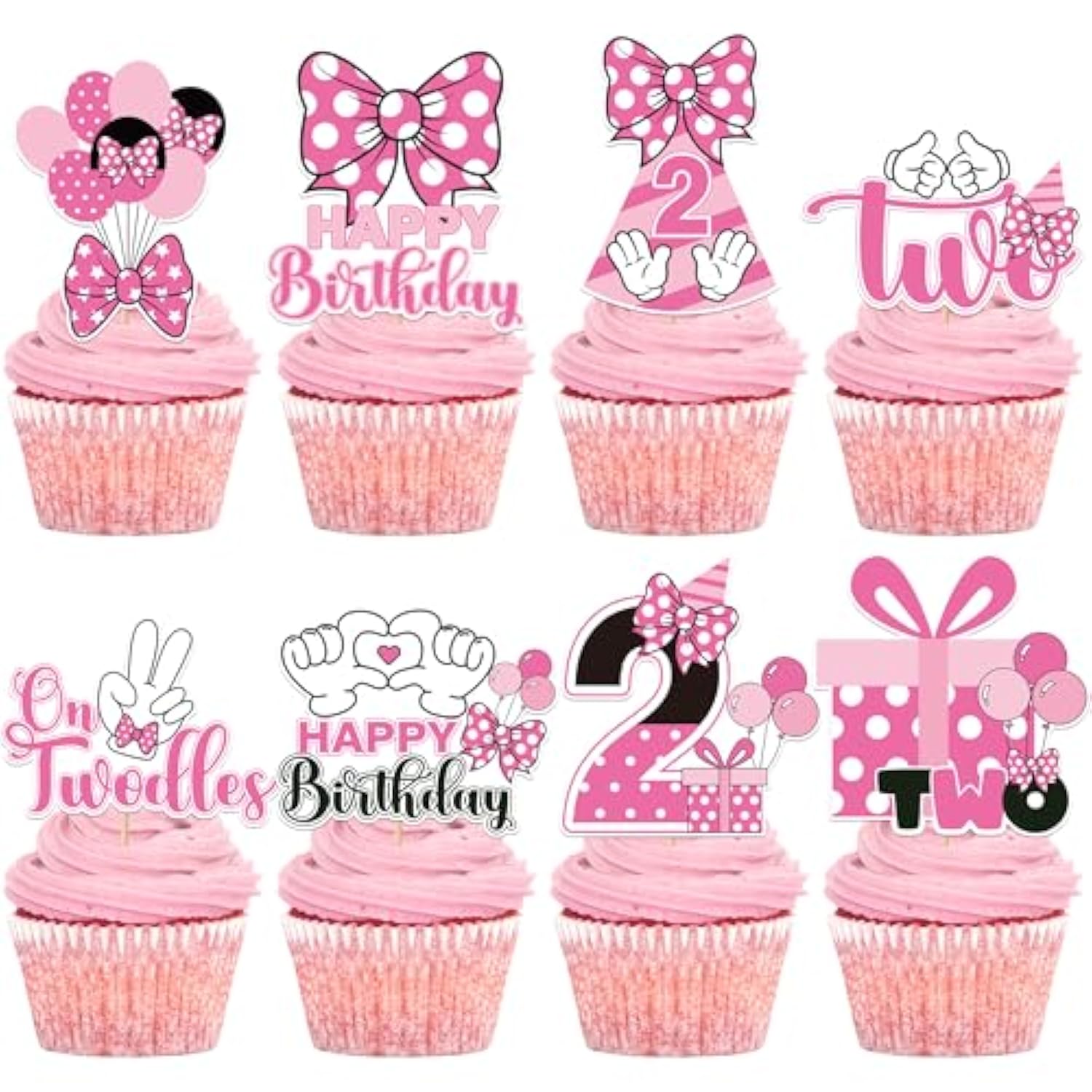 Oh Twodles Cupcake Toppers - 24 Pcs Pink And White Cartoon Mouse Bow Dots Cake Cupcakes Dessert Topper Decor Set 2Nd Birthday Party Decorations Supplies Favors For Two Years Old Kids Girls