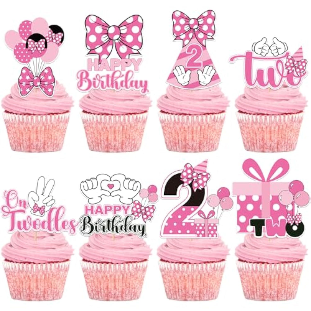 Oh Twodles Cupcake Toppers - 24 Pcs Pink And White Cartoon Mouse Bow Dots Cake Cupcakes Dessert Topper Decor Set 2Nd Birthday Party Decorations Supplies Favors For Two Years Old Kids Girls