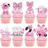 Oh Twodles Cupcake Toppers - 24 Pcs Pink And White Cartoon Mouse Bow Dots Cake Cupcakes Dessert Topper Decor Set 2Nd Birthday Party Decorations Supplies Favors For Two Years Old Kids Girls