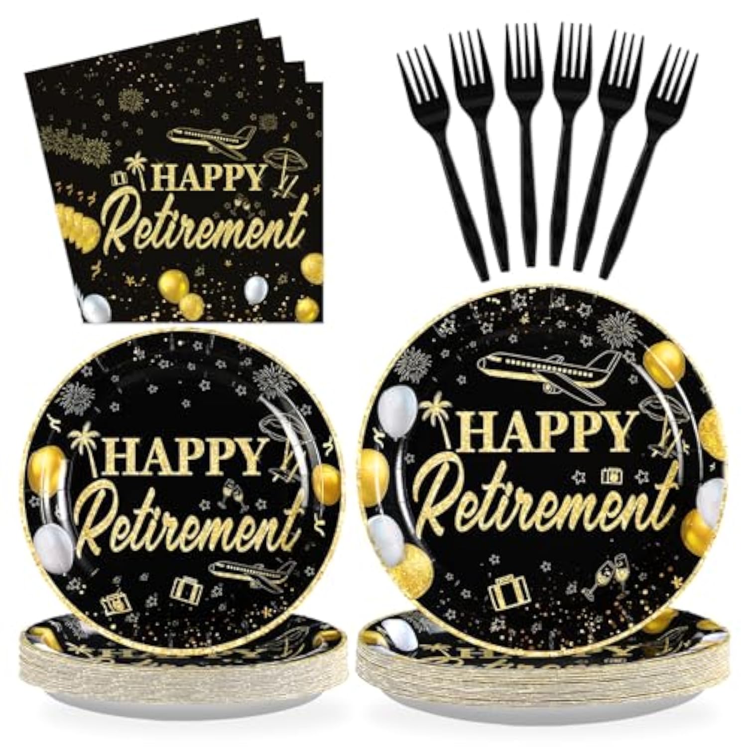 96Pc Black Gold Retirement Party Supplies Plates Napkins Tableware Set