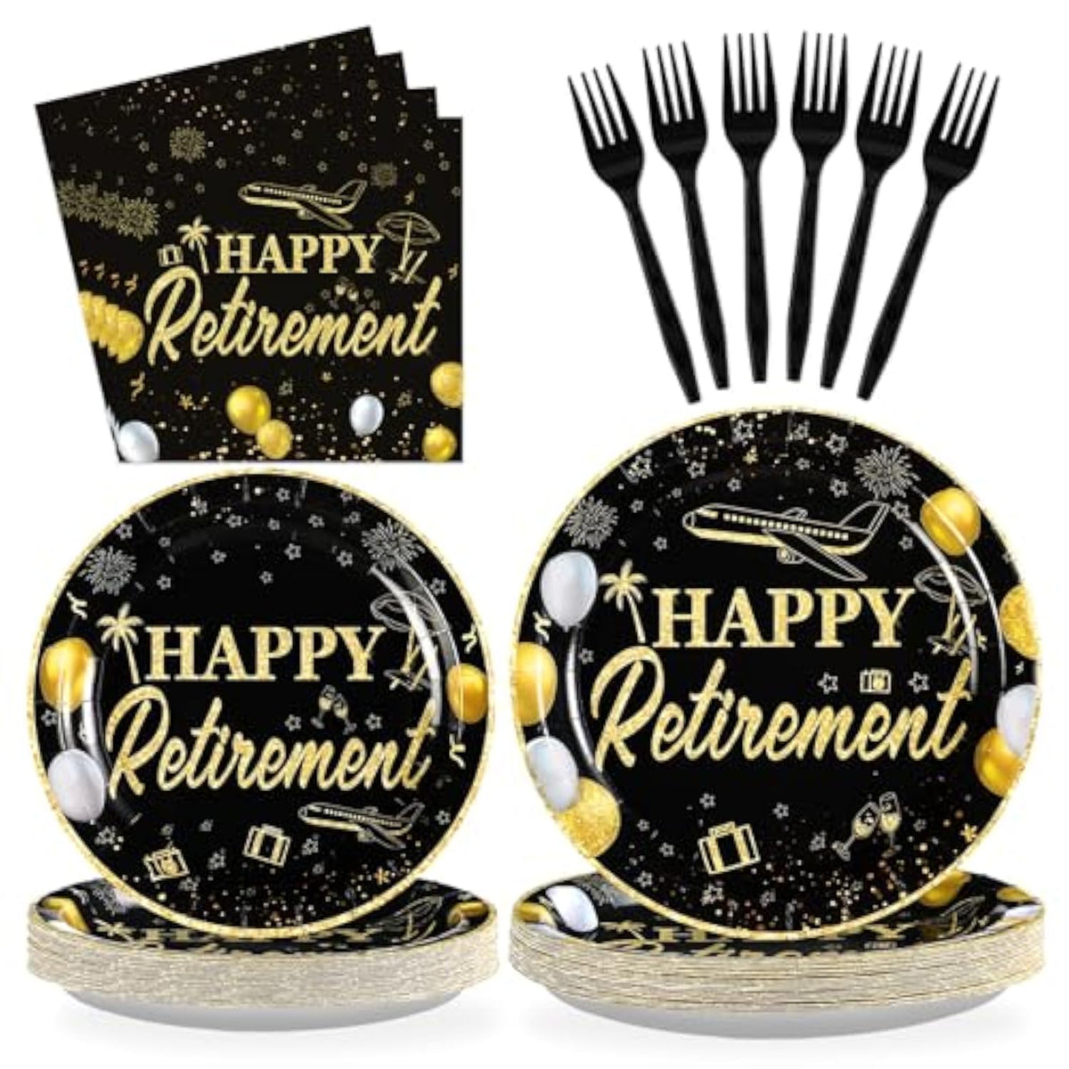96Pc Black Gold Retirement Party Supplies Plates Napkins Tableware Set