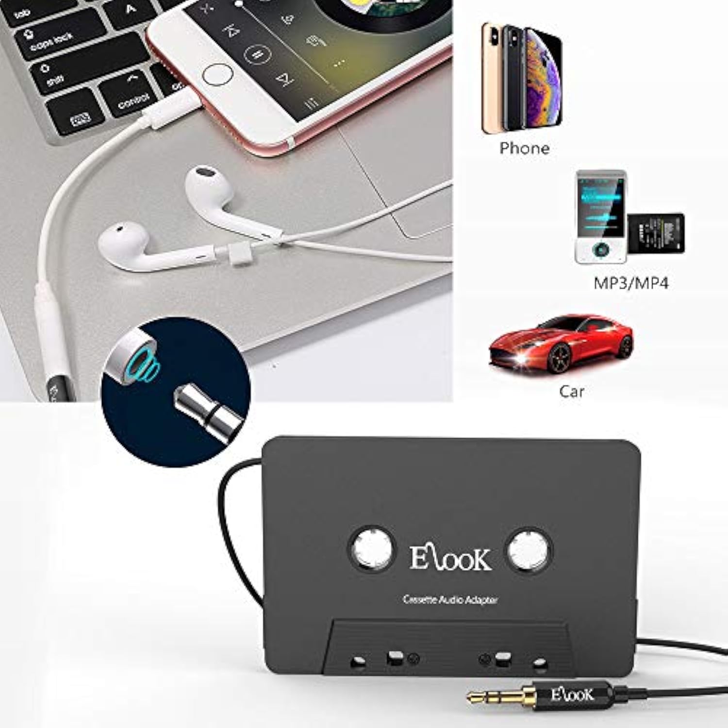 Car Cassette Aux Adapter Kit, With A Smartphone To 3.5 Mm Headphone Jack Adapter For Phone, Mp3 Ect. Black