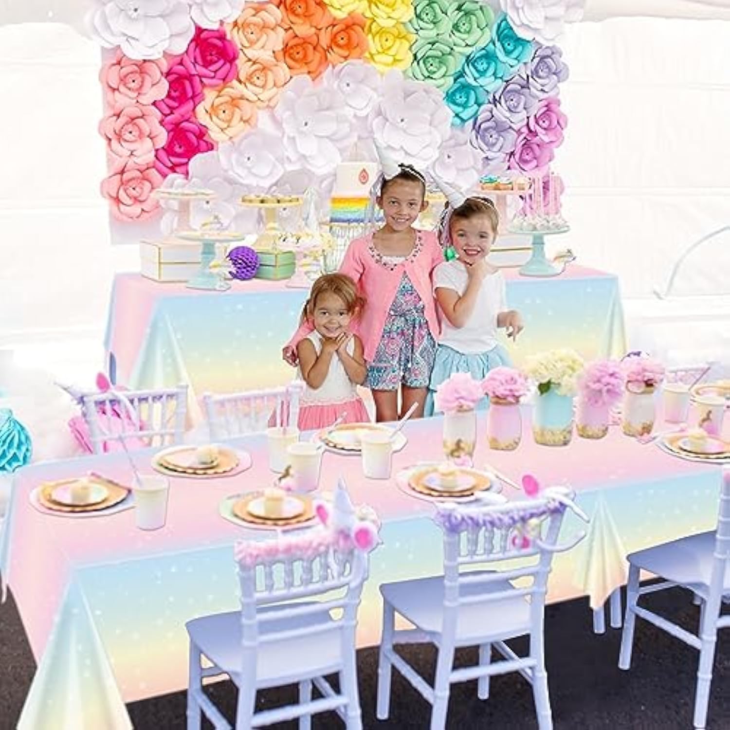 4 Pack Pastel Rainbow Tablecloths, 51X87'' Plastic Disposable Rectangle Pastel Table Cover For Girls Rainbow Birthday Party Decorations Baby Shower Party Supplies