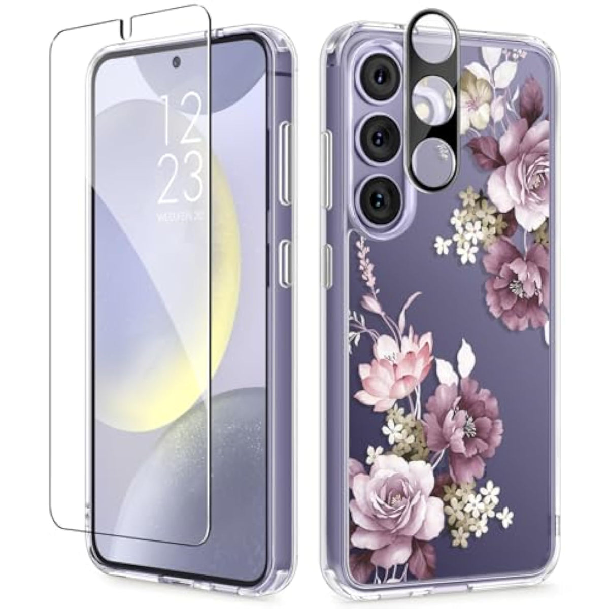 Compatible With Samsung Galaxy S24 Plus Case Floral, With Screen&Camera Lens Protector,Hard Pc&Tpu Bumper Clear Shockproof Protective For S24 Plus Phone Case Women 6.7"(Cherry Blossoms/Purple)