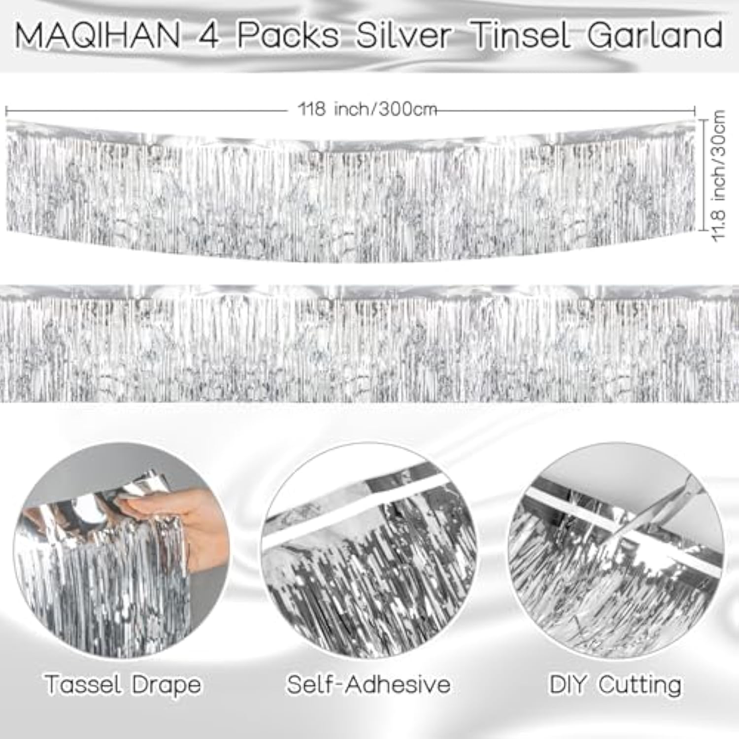 Silver Tinsel Garland - 4 Pack Icicles Strands, Metallic Foil Fringe Fashioned Silver Icicles For Party Christmas Tree Decorations, Shiny Mylar, Hang With Ornaments Decor(Each 118X11.8In)