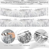 Silver Tinsel Garland - 4 Pack Icicles Strands, Metallic Foil Fringe Fashioned Silver Icicles For Party Christmas Tree Decorations, Shiny Mylar, Hang With Ornaments Decor(Each 118X11.8In)