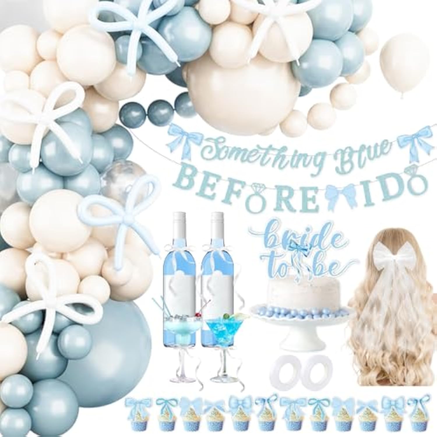 Something Blue Before I Do Bridal Shower Party Decorations Blue Bow Bachelorette Party Supplies Coquette Bow Balloon Arch Kit, Bride To Be Cake Topper, Glitter Banner Pearl Veil For Engagement Wedding