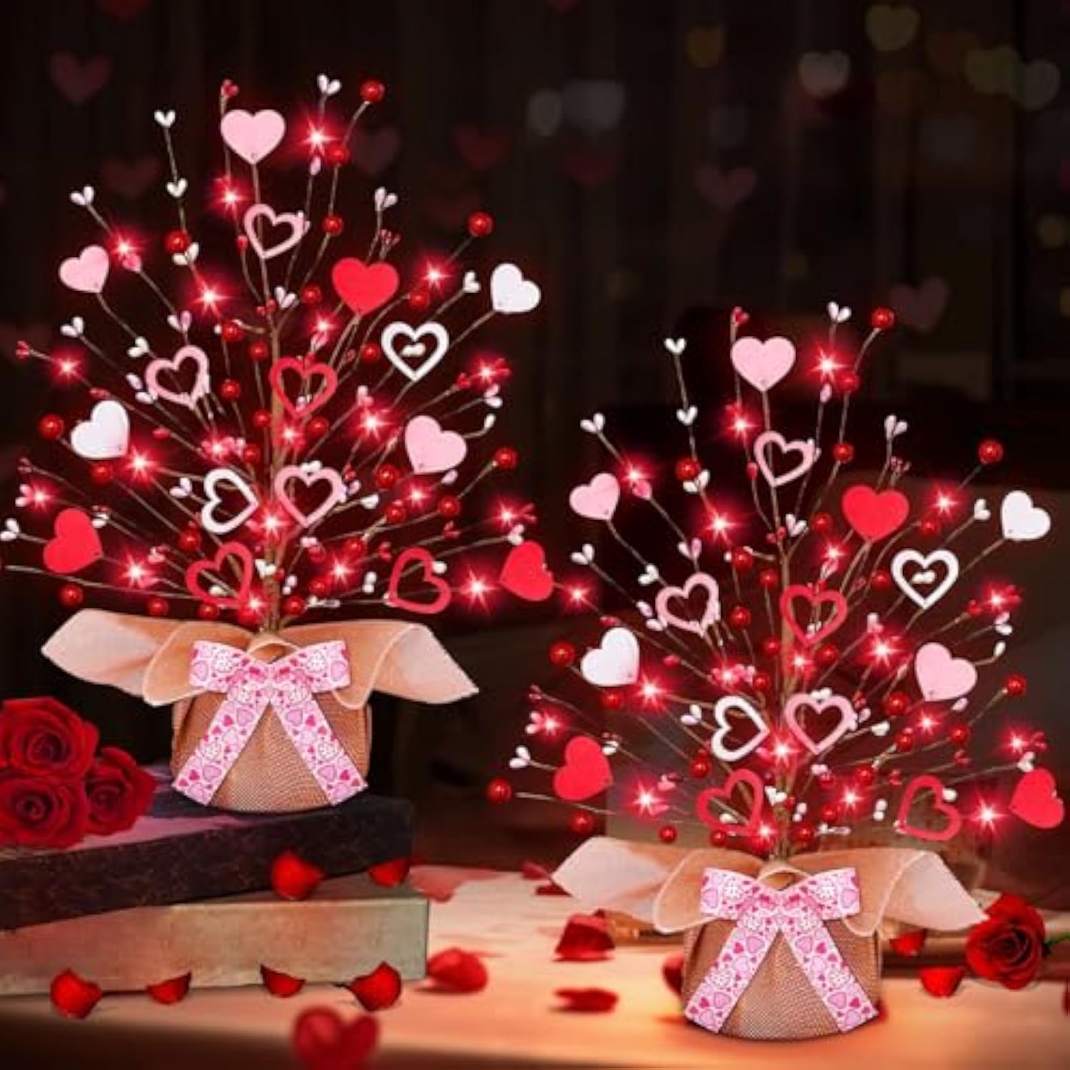 2 Pack Valentine'S Day Tree Tabletop Decorations - 16 Inch Battery Operated With 14 Red Pink Hearts And 32 Red Berries For Home, Table, Bedroom, Indoor Party, Wedding Decor
