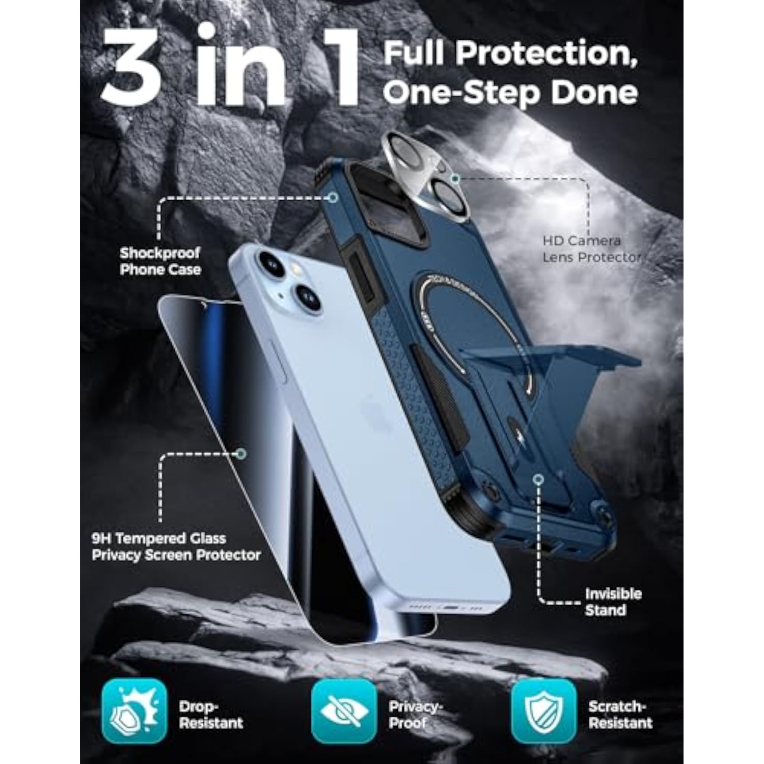 3 in 1 iPhone 14 Case with Blue Privacy Screen Protector