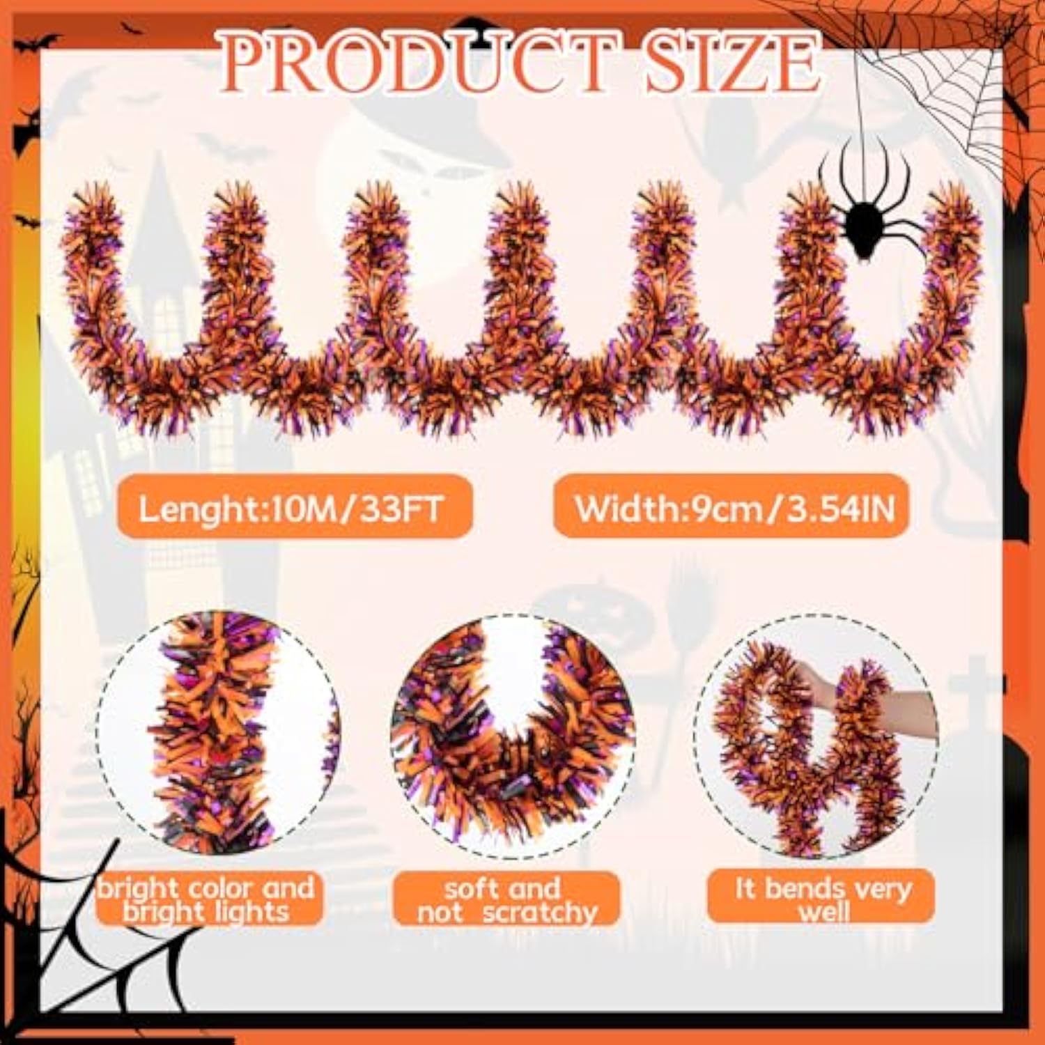 33Ft Halloween Tinsel Garland, Black Purple Orange Metallic Twist Foil Tinsel Garland Shiny Hanging Decorations For Halloween Party Decoration Supply