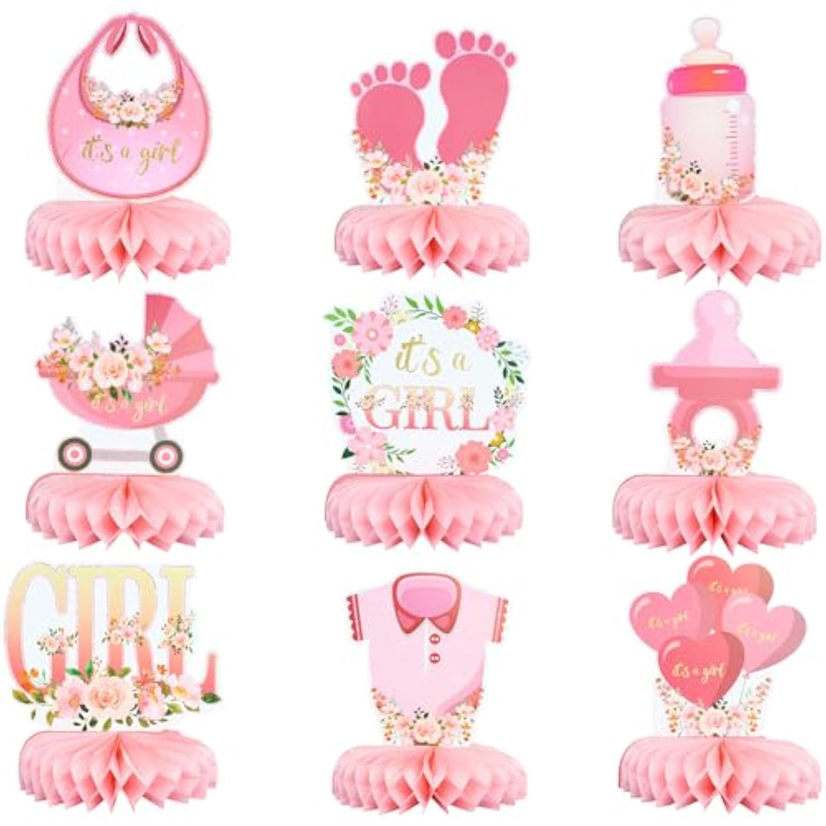 9Pcs Pink Baby Shower Honeycomb Centerpieces for Girls, "It's a Girl" Gender Reveal Decor