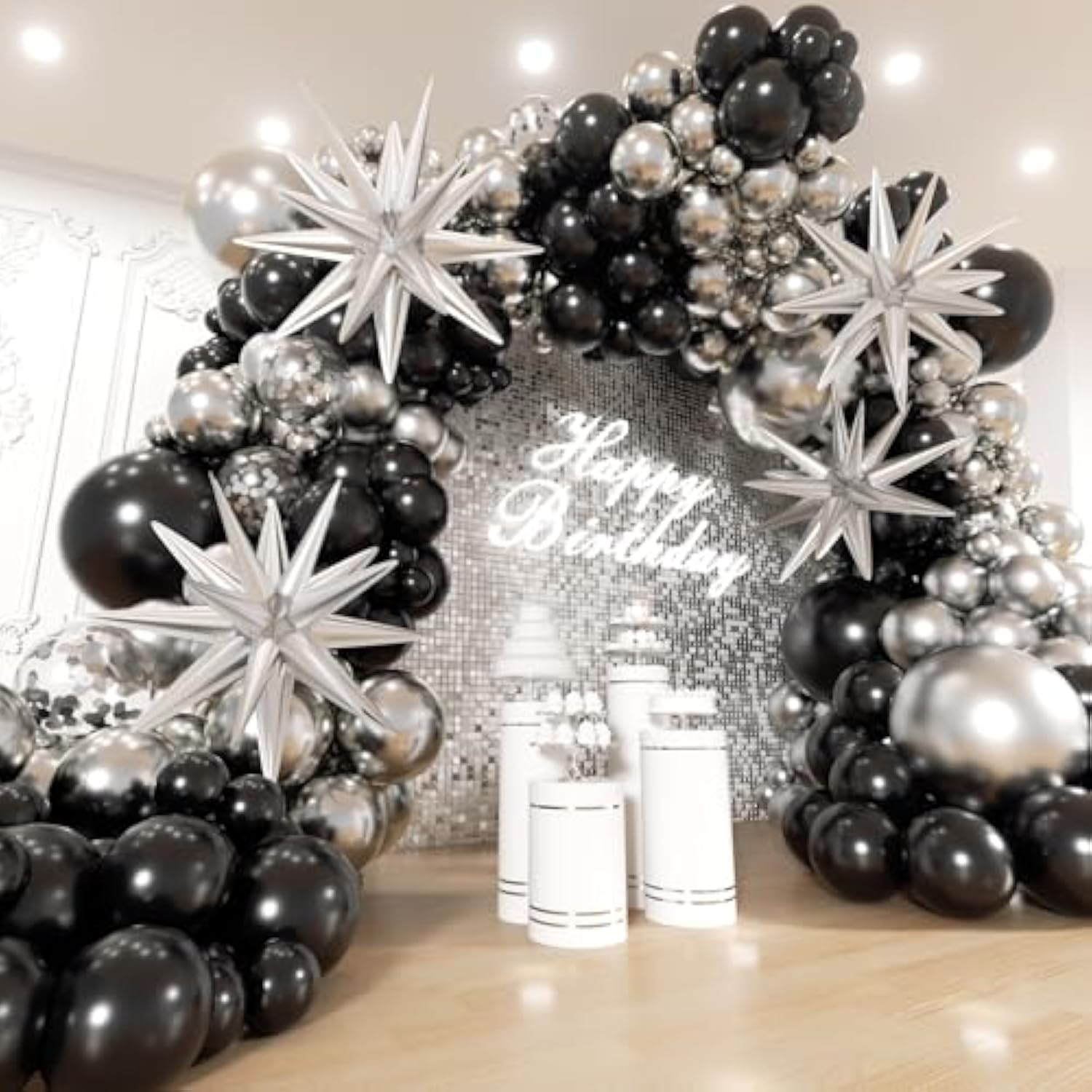 Black And Silver Balloons Garland Arch Kit With Stars 200Pcs - 5 10 12 18 22 Inch Balloon And Confetti Balloons For 2025 Graduation New Year Anniversary Birthday Disco Theme Party Decorations