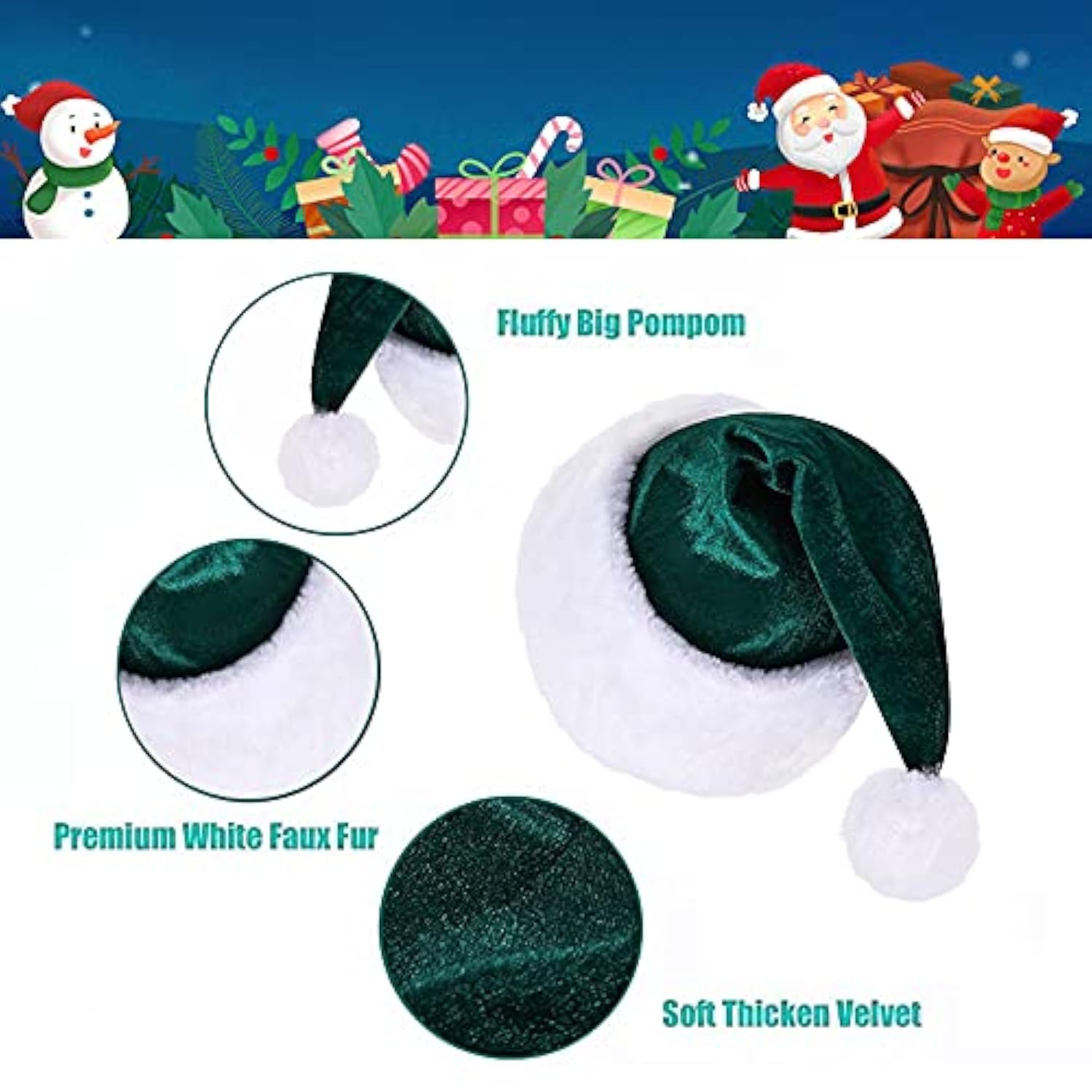 Santa Hat, Santa Hats For Adults, Unisex Velvet Comfort Green Christmas Hat Hats Extra Thicken Classic Plush For Christmas New Year Festive Holiday Party Supplies